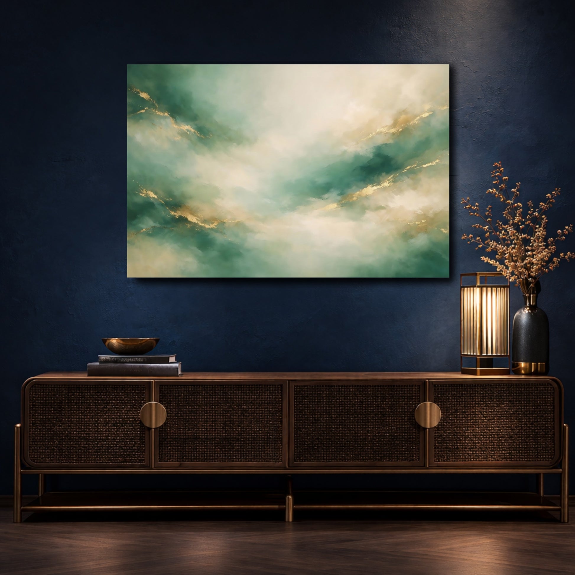 Mockup 4. Abstract Abstract Swirls Teal Gold Abstract shown as stretched canvas wall art