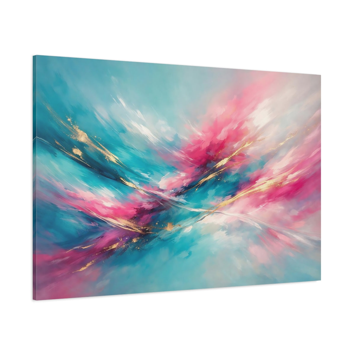 Main Mockup. Abstract Abstract Swirls Teal Pink Gold shown as stretched canvas wall art