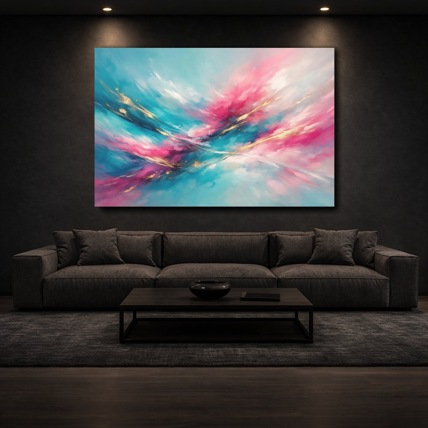 Mockup 2. Abstract Abstract Swirls Teal Pink Gold shown as stretched canvas wall art