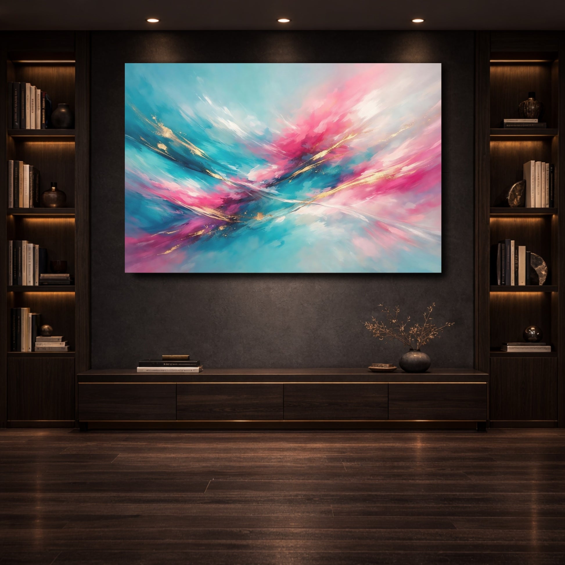Mockup 3. Abstract Abstract Swirls Teal Pink Gold shown as stretched canvas wall art