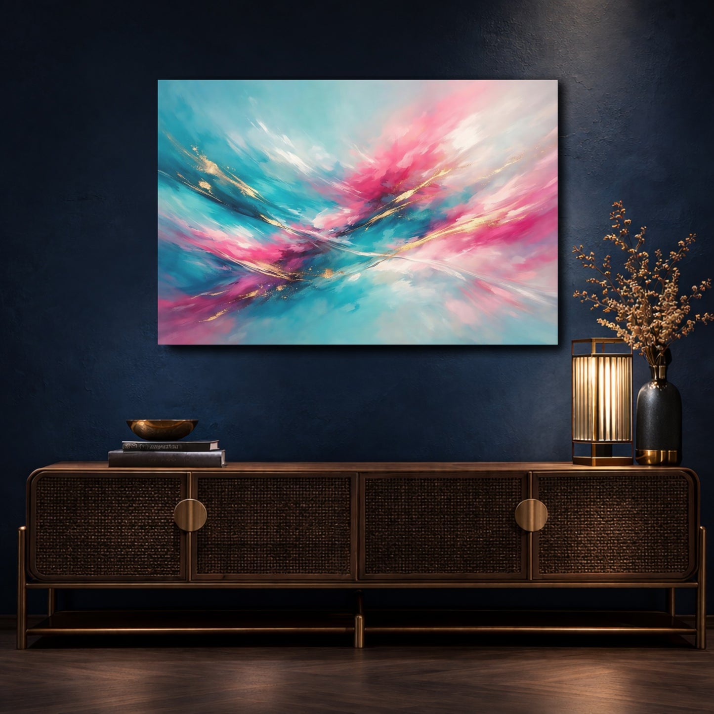 Mockup 4. Abstract Abstract Swirls Teal Pink Gold shown as stretched canvas wall art