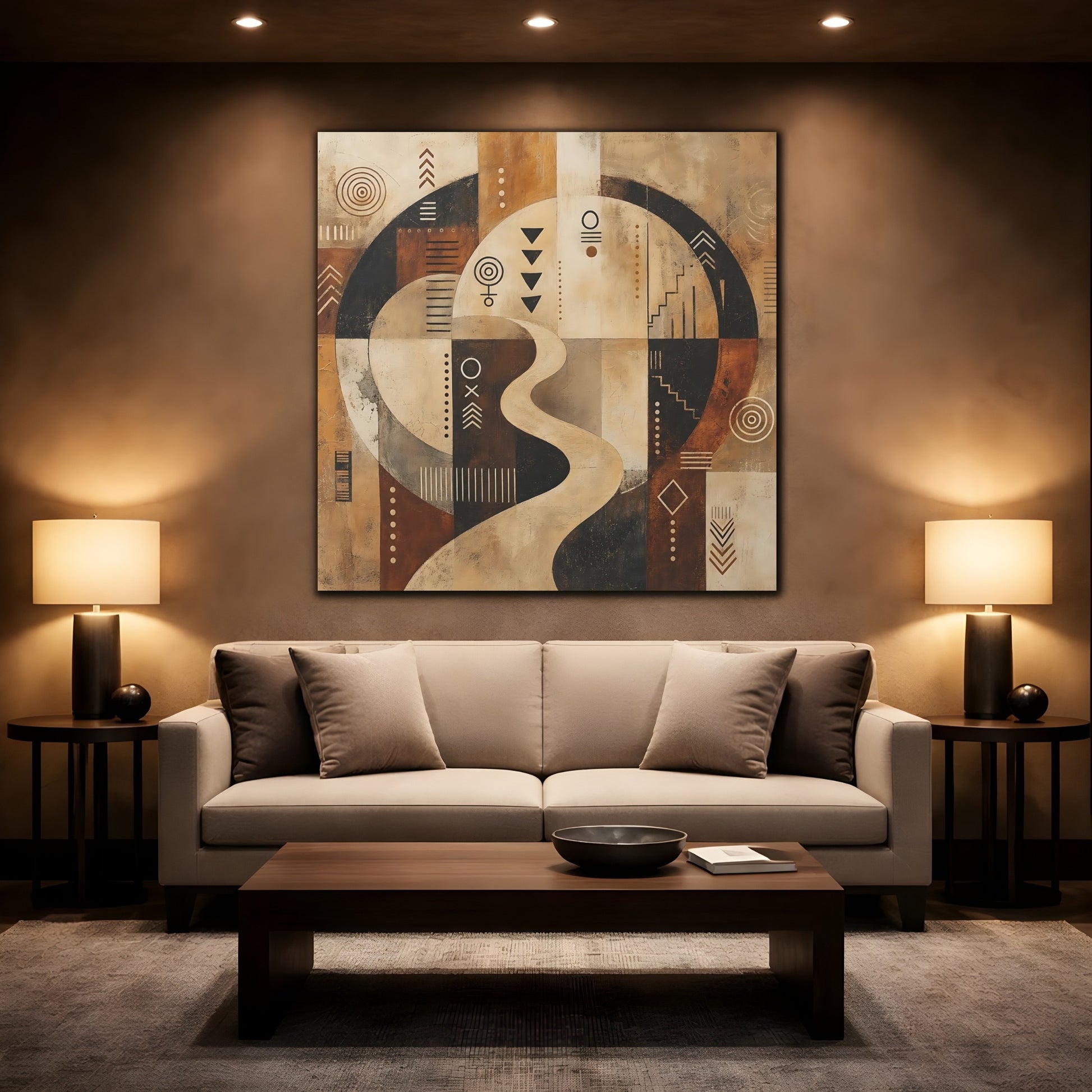 Mockup 2. Abstract Abstract Symbols Brown Beige Black shown as stretched canvas wall art