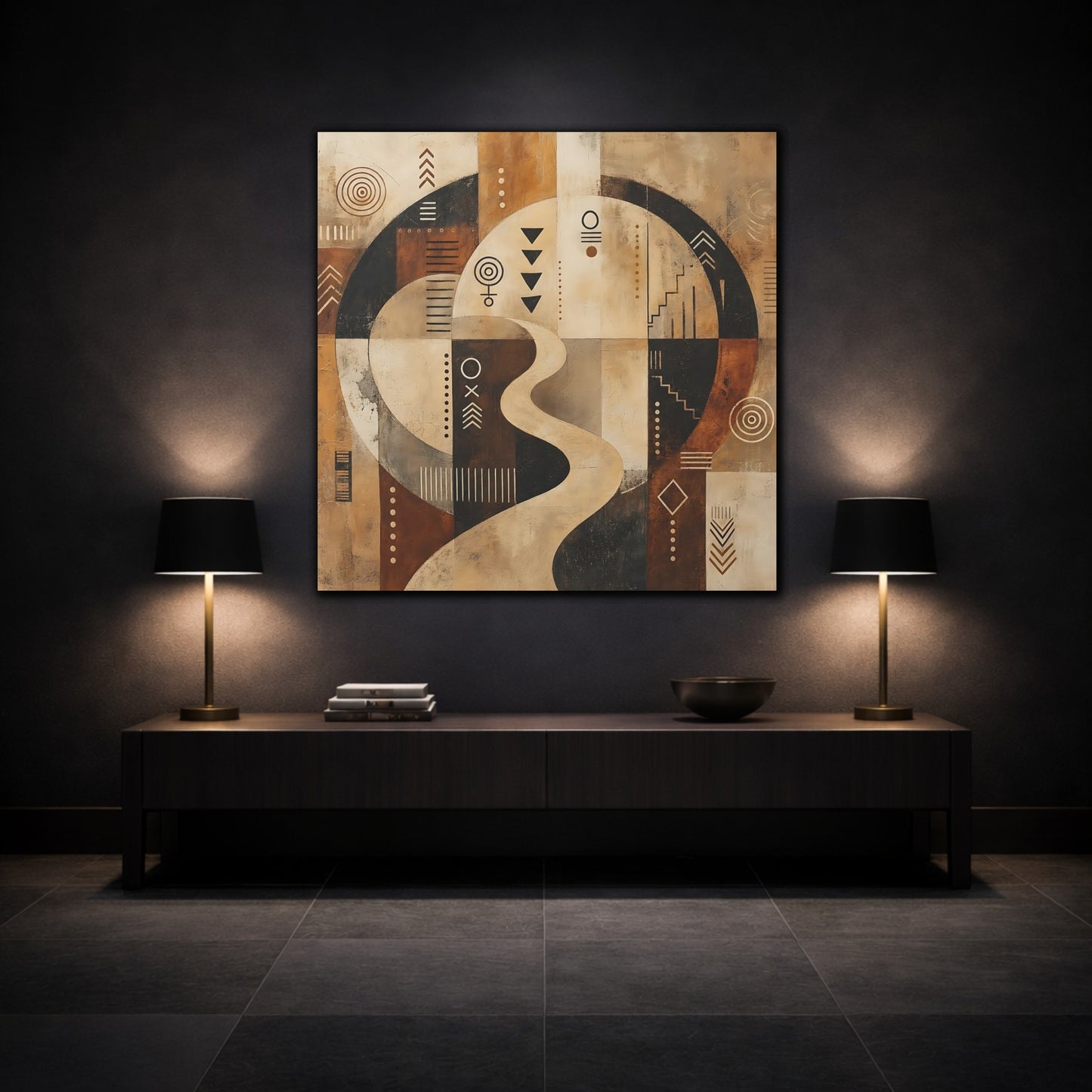 Mockup 3. Abstract Abstract Symbols Brown Beige Black shown as stretched canvas wall art