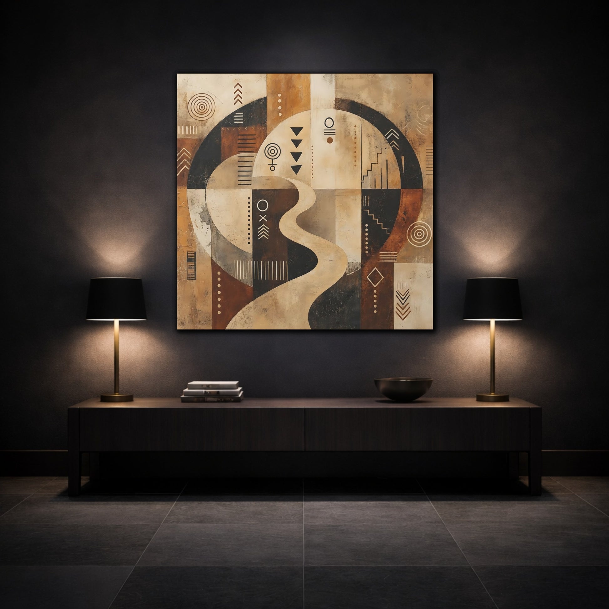 Mockup 3. Abstract Abstract Symbols Brown Beige Black shown as stretched canvas wall art