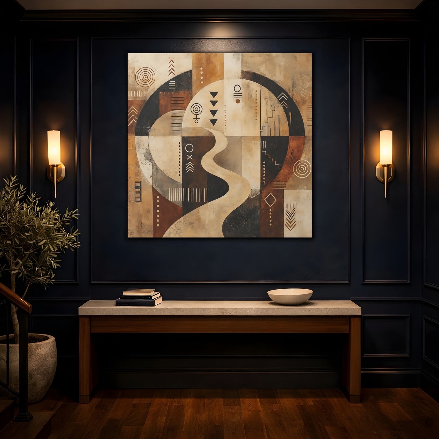 Mockup 4. Abstract Abstract Symbols Brown Beige Black shown as stretched canvas wall art