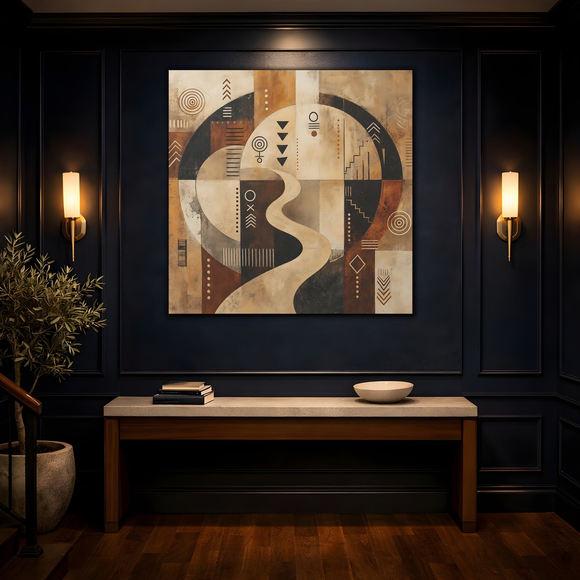 Mockup 4. Abstract Abstract Symbols Brown Beige Black shown as stretched canvas wall art