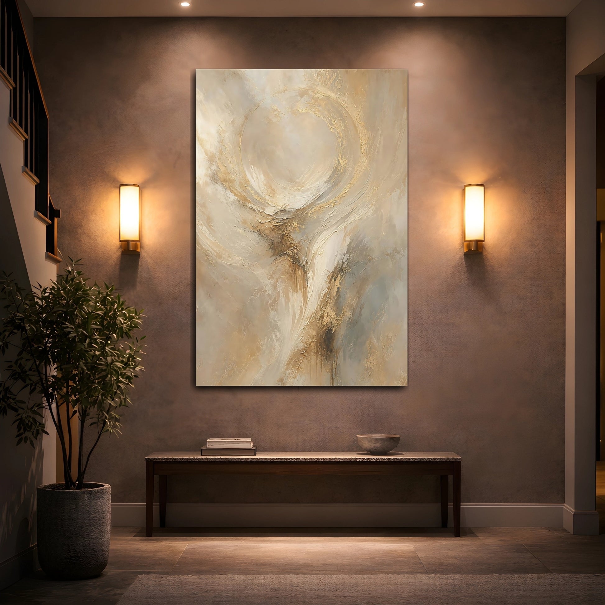 Mockup 2. Abstract Abstract Texture Abstract Gold And Beige shown as stretched canvas wall art