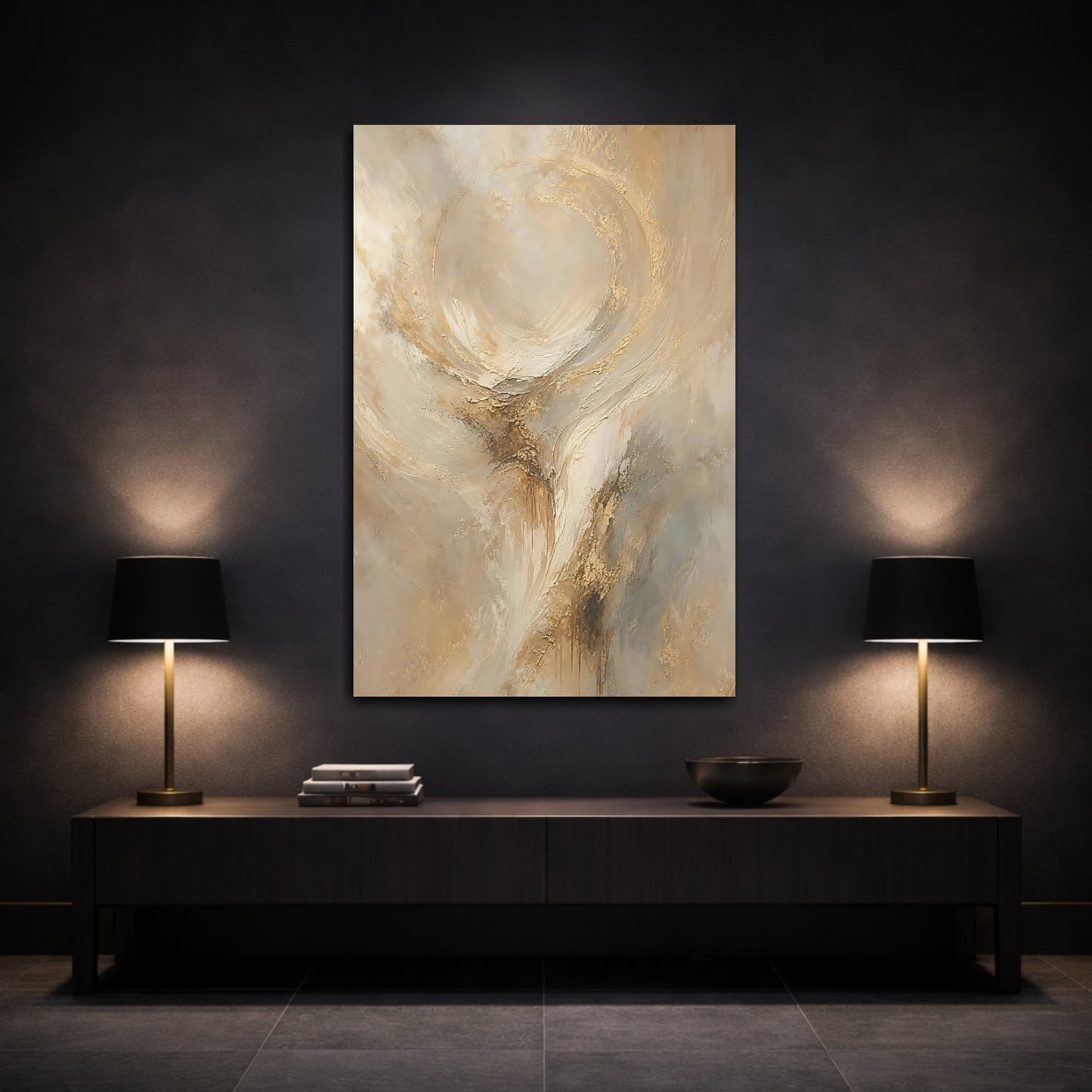 Mockup 3. Abstract Abstract Texture Abstract Gold And Beige shown as stretched canvas wall art
