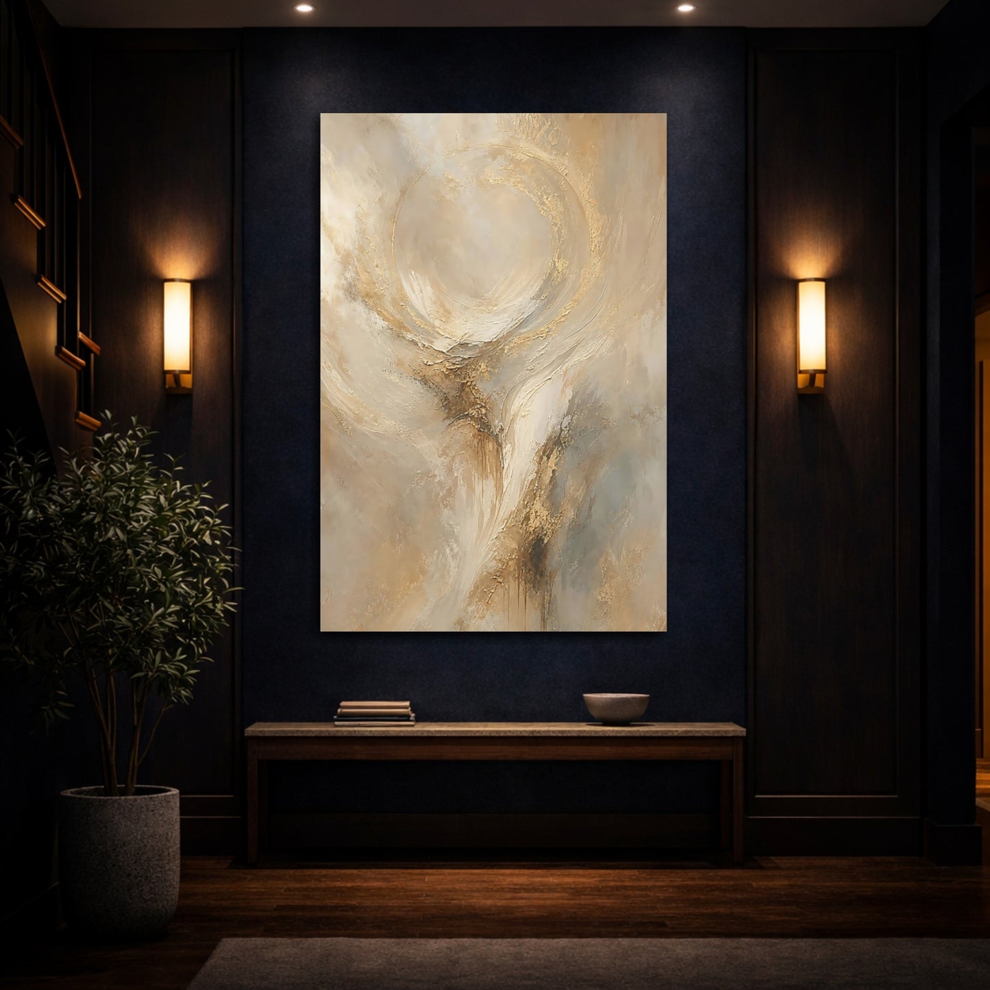 Mockup 4. Abstract Abstract Texture Abstract Gold And Beige shown as stretched canvas wall art