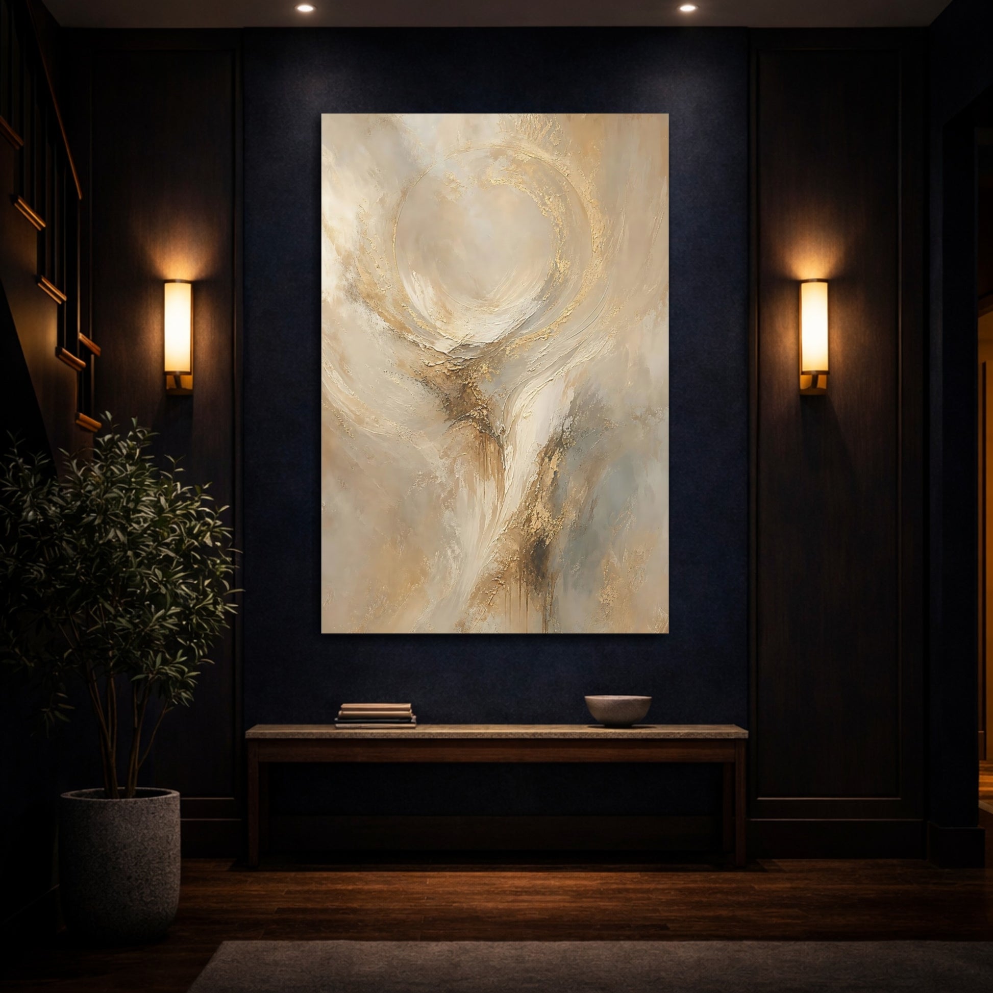 Mockup 4. Abstract Abstract Texture Abstract Gold And Beige shown as stretched canvas wall art