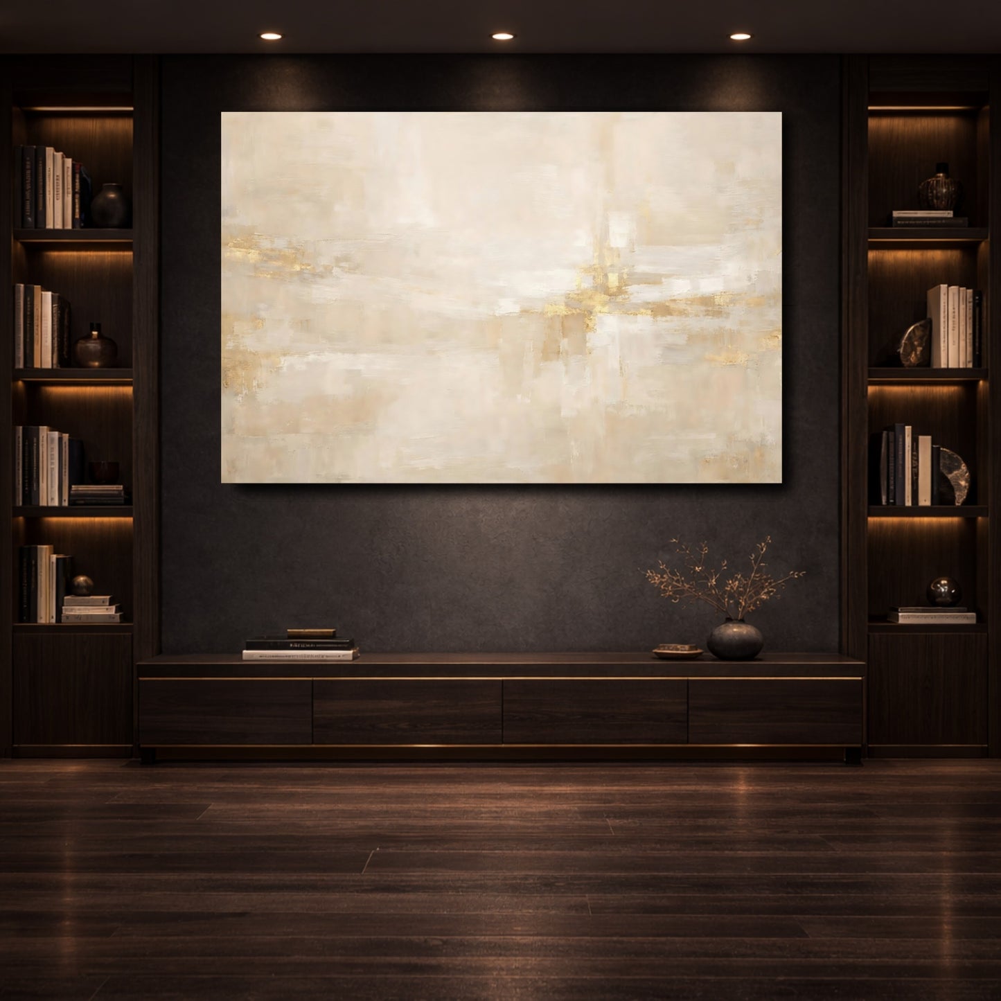 Mockup 3. Abstract Abstract Texture Beige And Gold shown as stretched canvas wall art