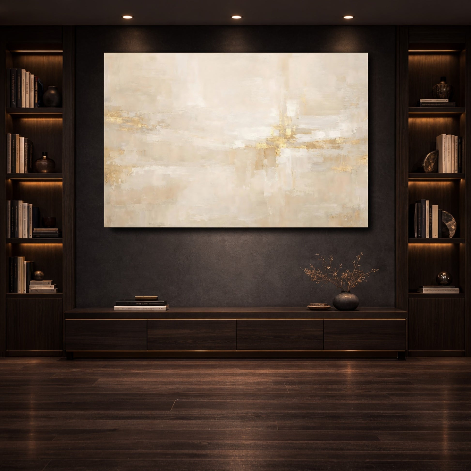 Mockup 3. Abstract Abstract Texture Beige And Gold shown as stretched canvas wall art