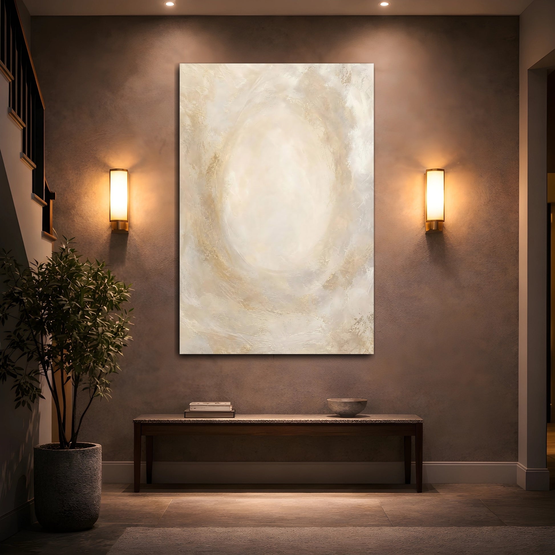 Mockup 2. Abstract Abstract Texture Beige Gold Abstract shown as stretched canvas wall art