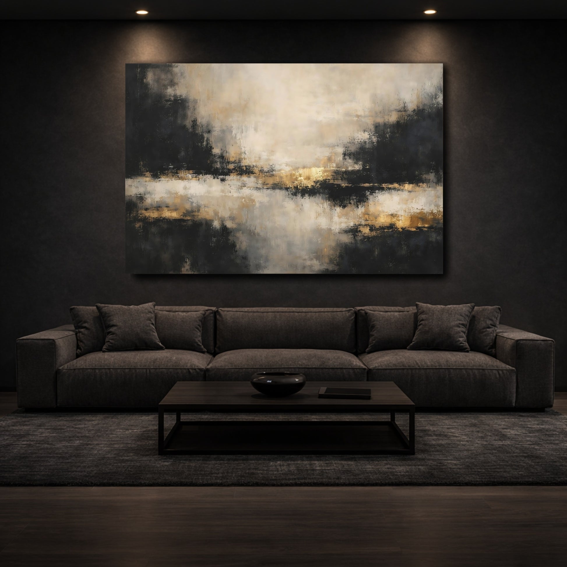 Mockup 2. Abstract Abstract Texture Black Gold Abstract shown as stretched canvas wall art