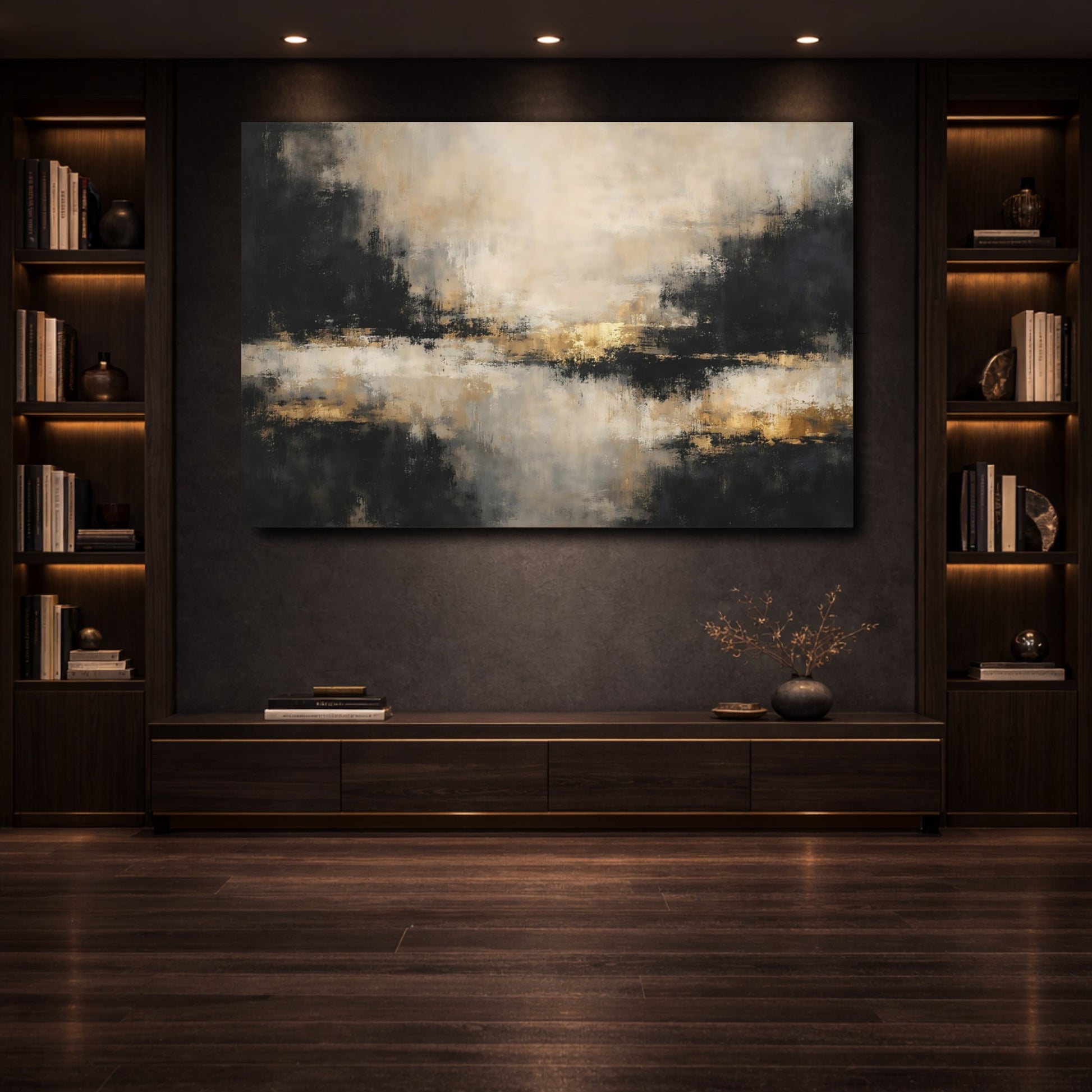 Mockup 3. Abstract Abstract Texture Black Gold Abstract shown as stretched canvas wall art