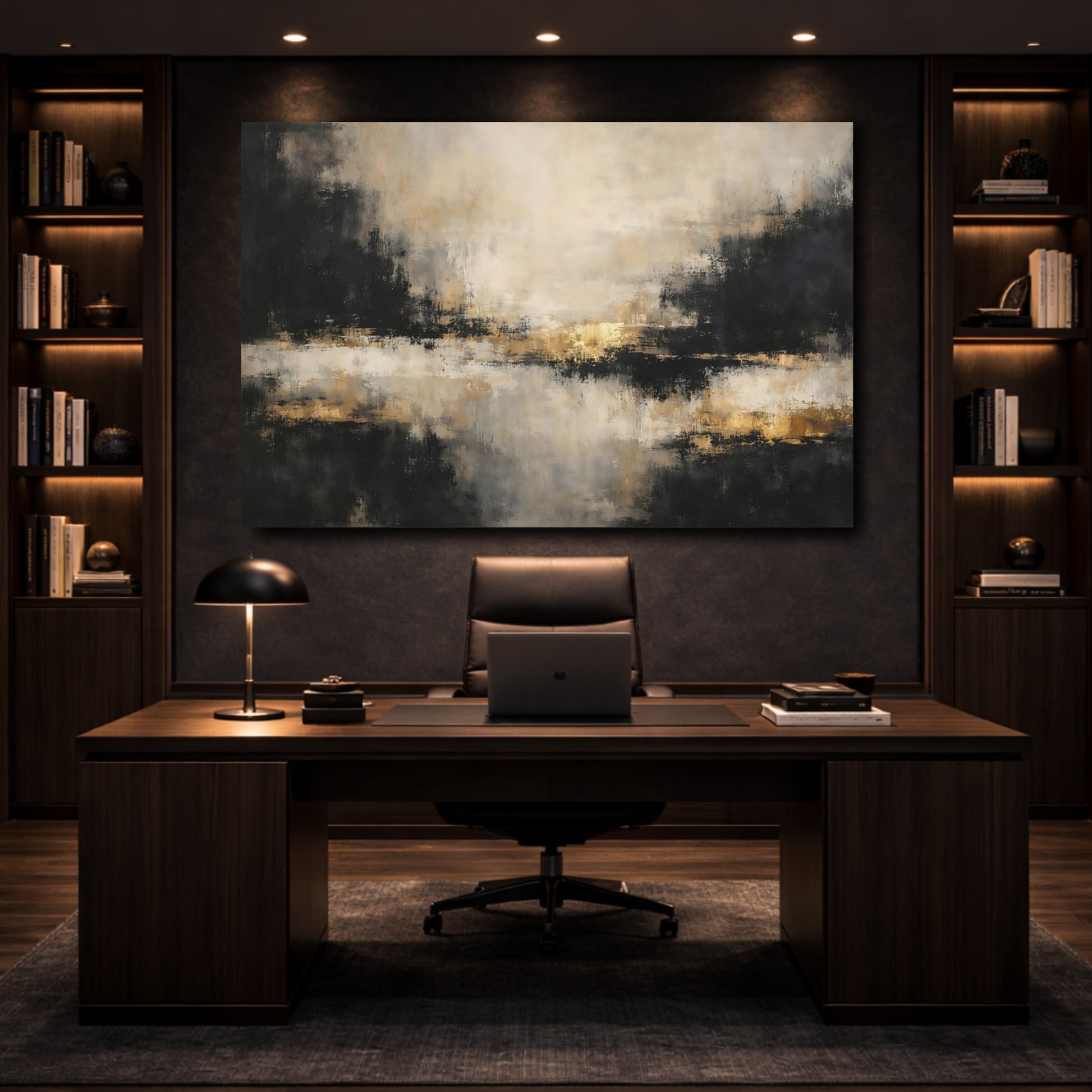 Mockup 4. Abstract Abstract Texture Black Gold Abstract shown as stretched canvas wall art