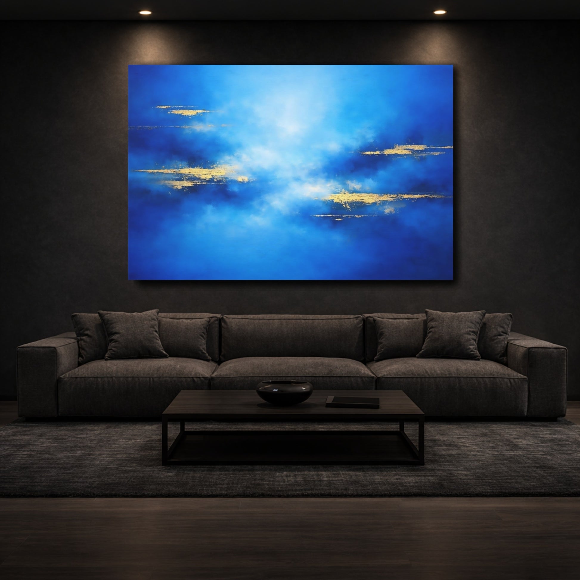 Mockup 2. Abstract Abstract Texture Blue And Gold shown as stretched canvas wall art