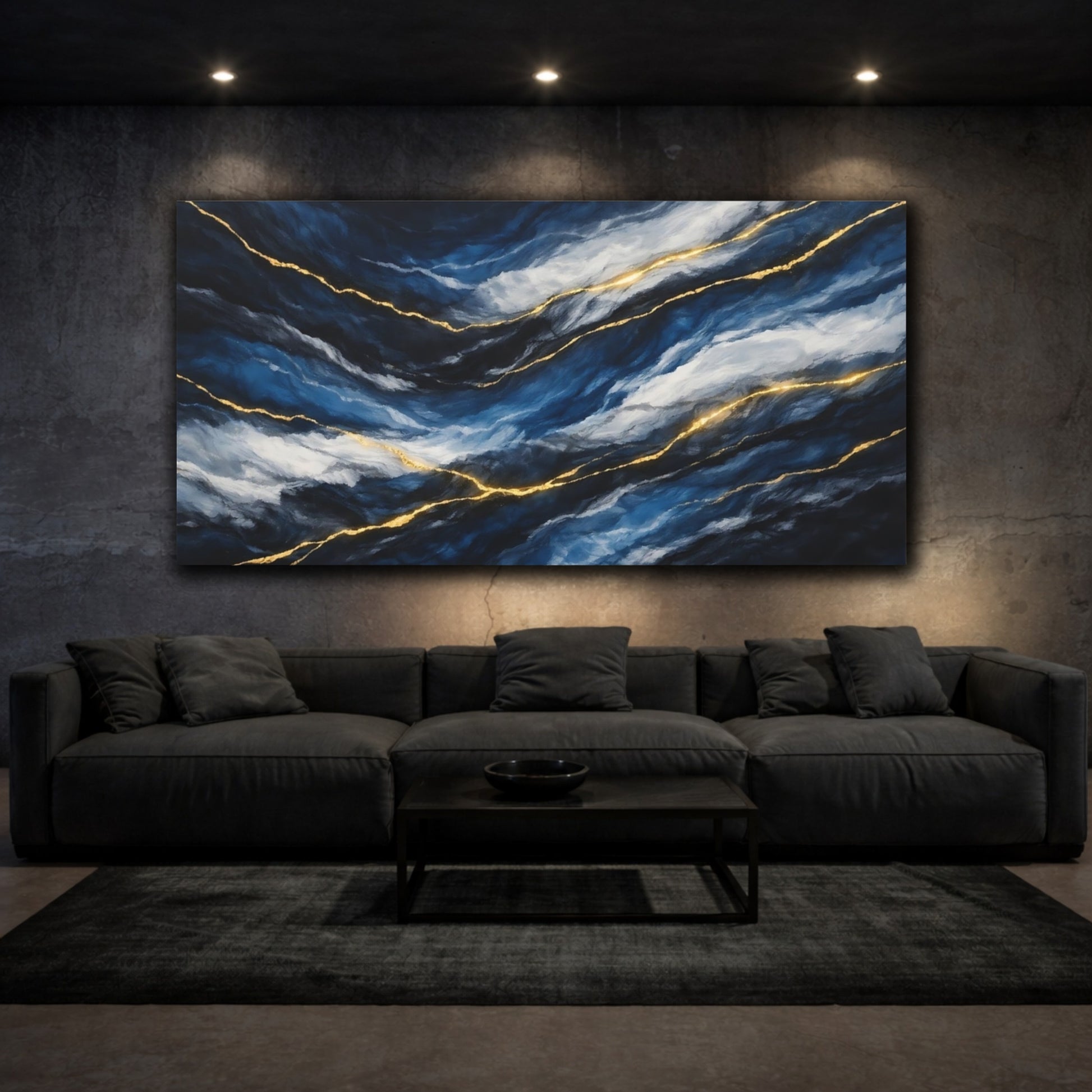 Mockup 2. Abstract Abstract Texture Blue And Gold shown as stretched canvas wall art