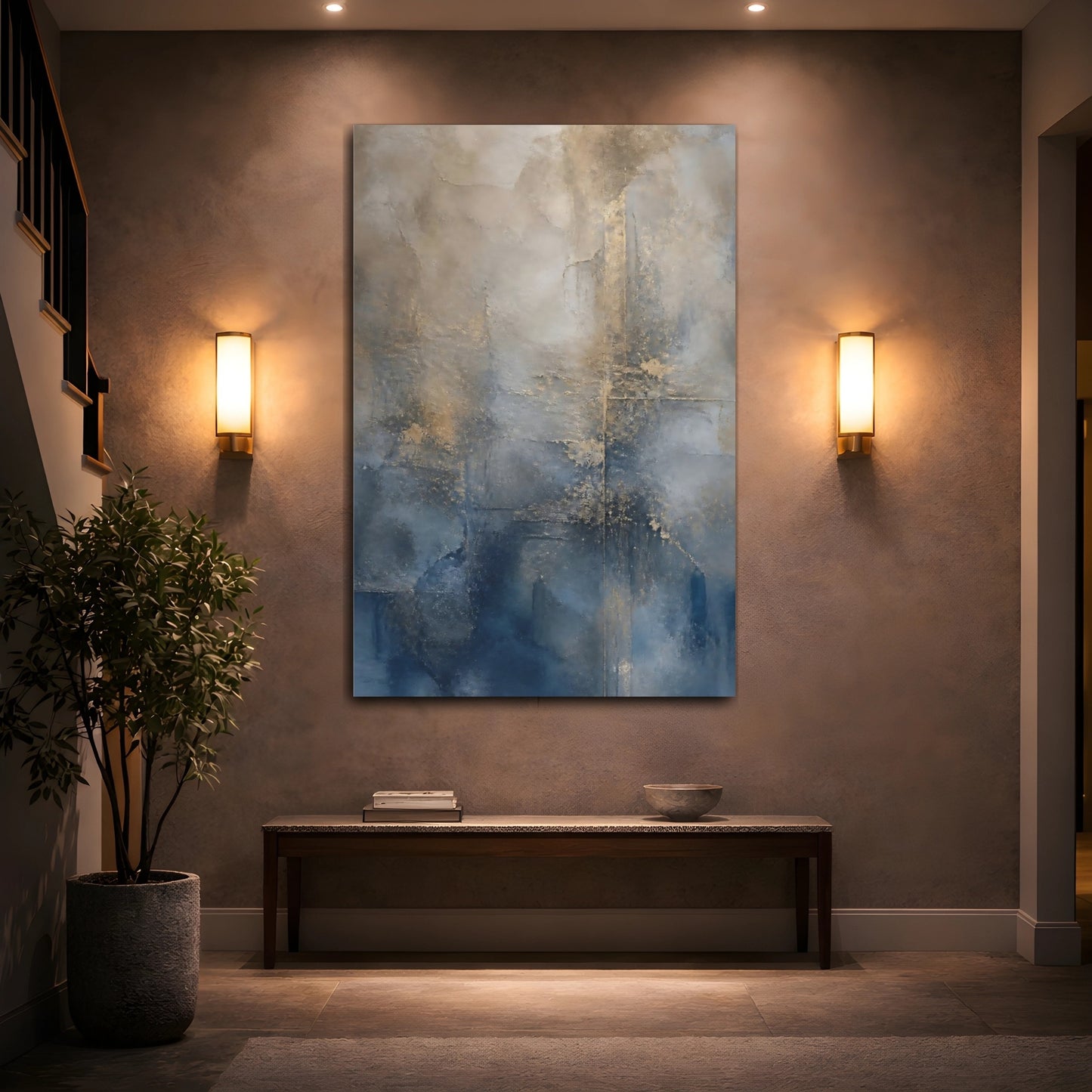 Mockup 2. Abstract Abstract Texture Blue And Gold shown as stretched canvas wall art