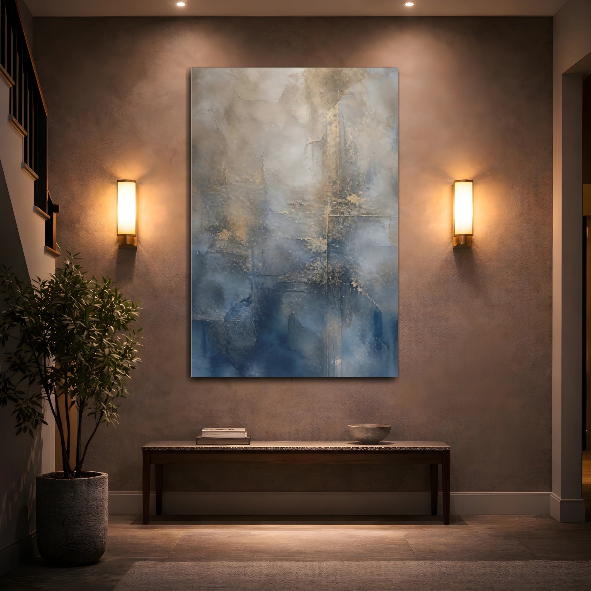 Mockup 2. Abstract Abstract Texture Blue And Gold shown as stretched canvas wall art