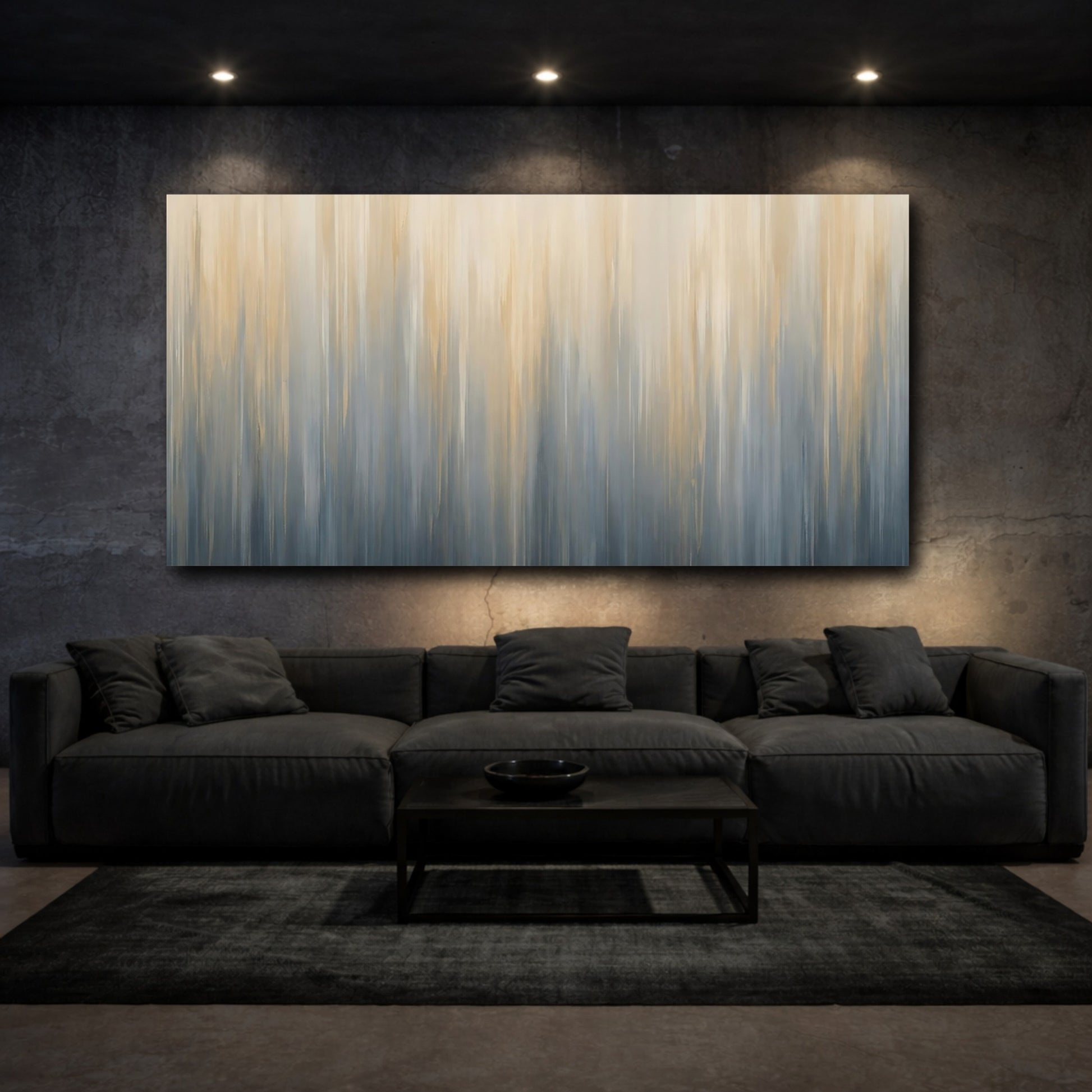 Mockup 2. Abstract Abstract Texture Blue And Gold shown as stretched canvas wall art