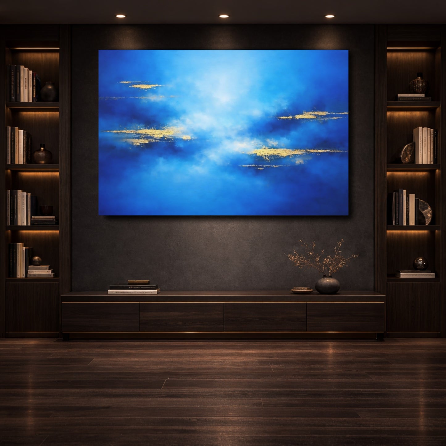 Mockup 3. Abstract Abstract Texture Blue And Gold shown as stretched canvas wall art