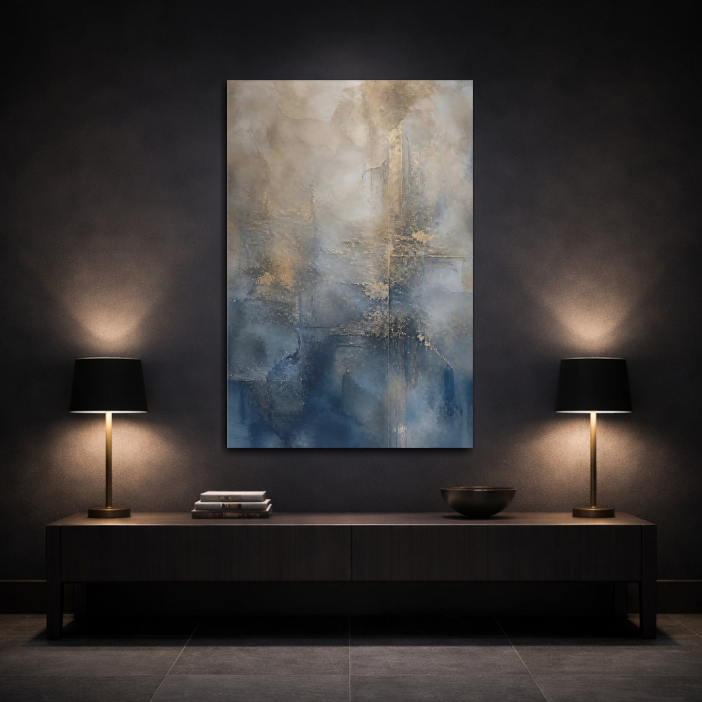 Mockup 3. Abstract Abstract Texture Blue And Gold shown as stretched canvas wall art