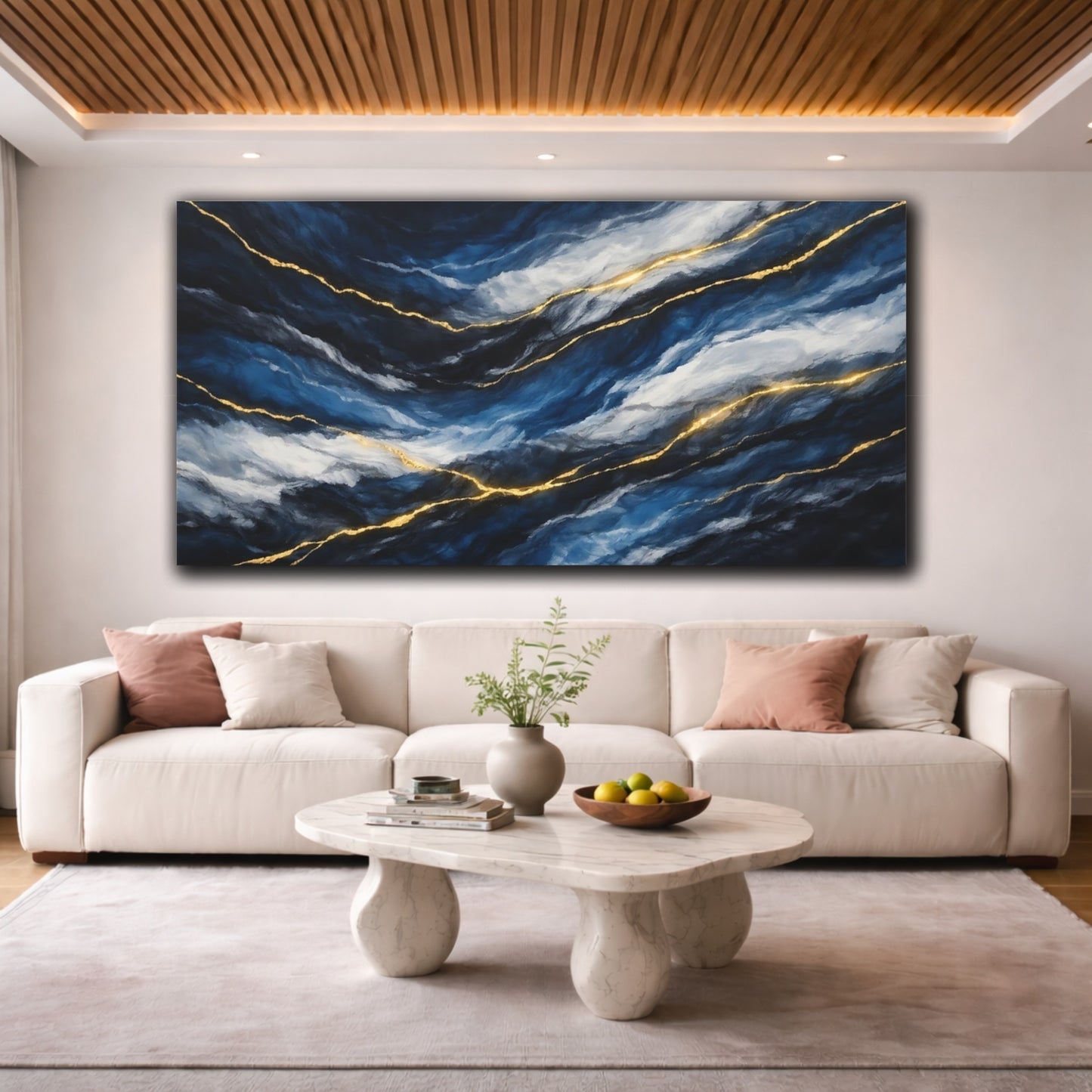 Mockup 3. Abstract Abstract Texture Blue And Gold shown as stretched canvas wall art