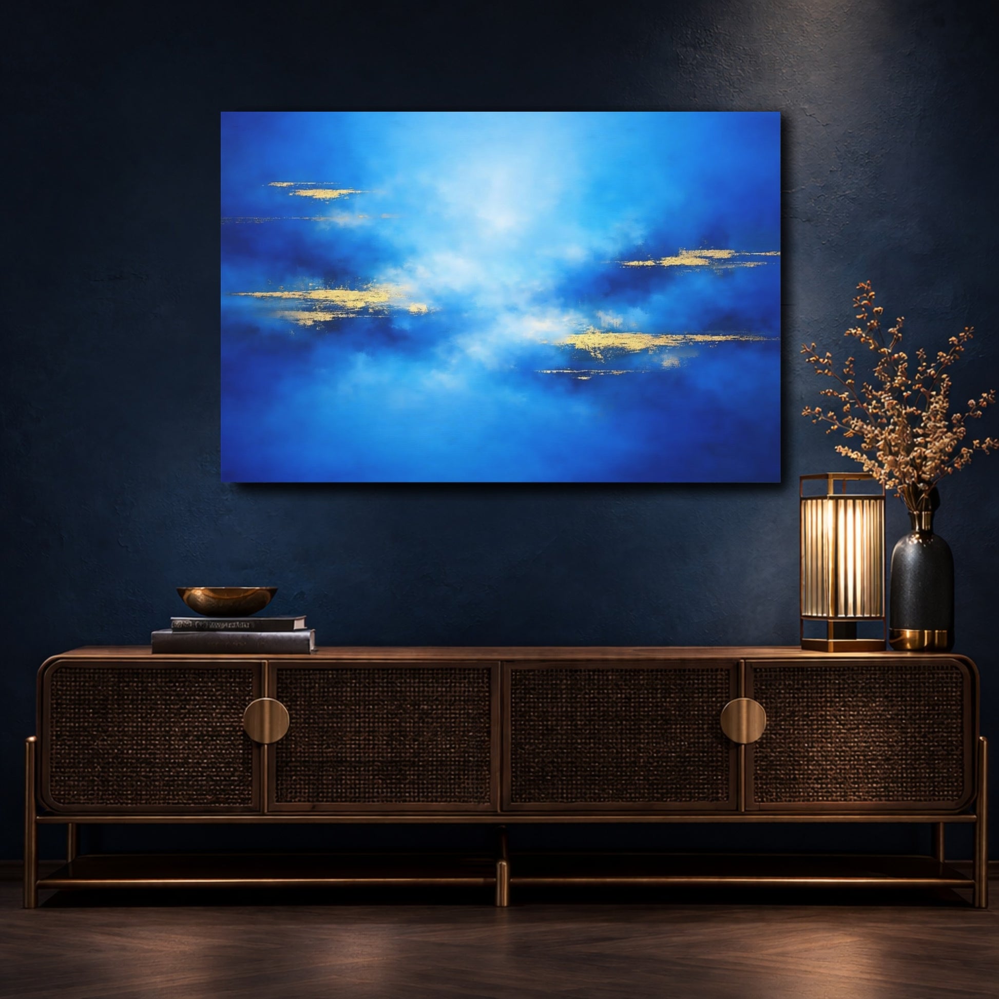 Mockup 4. Abstract Abstract Texture Blue And Gold shown as stretched canvas wall art