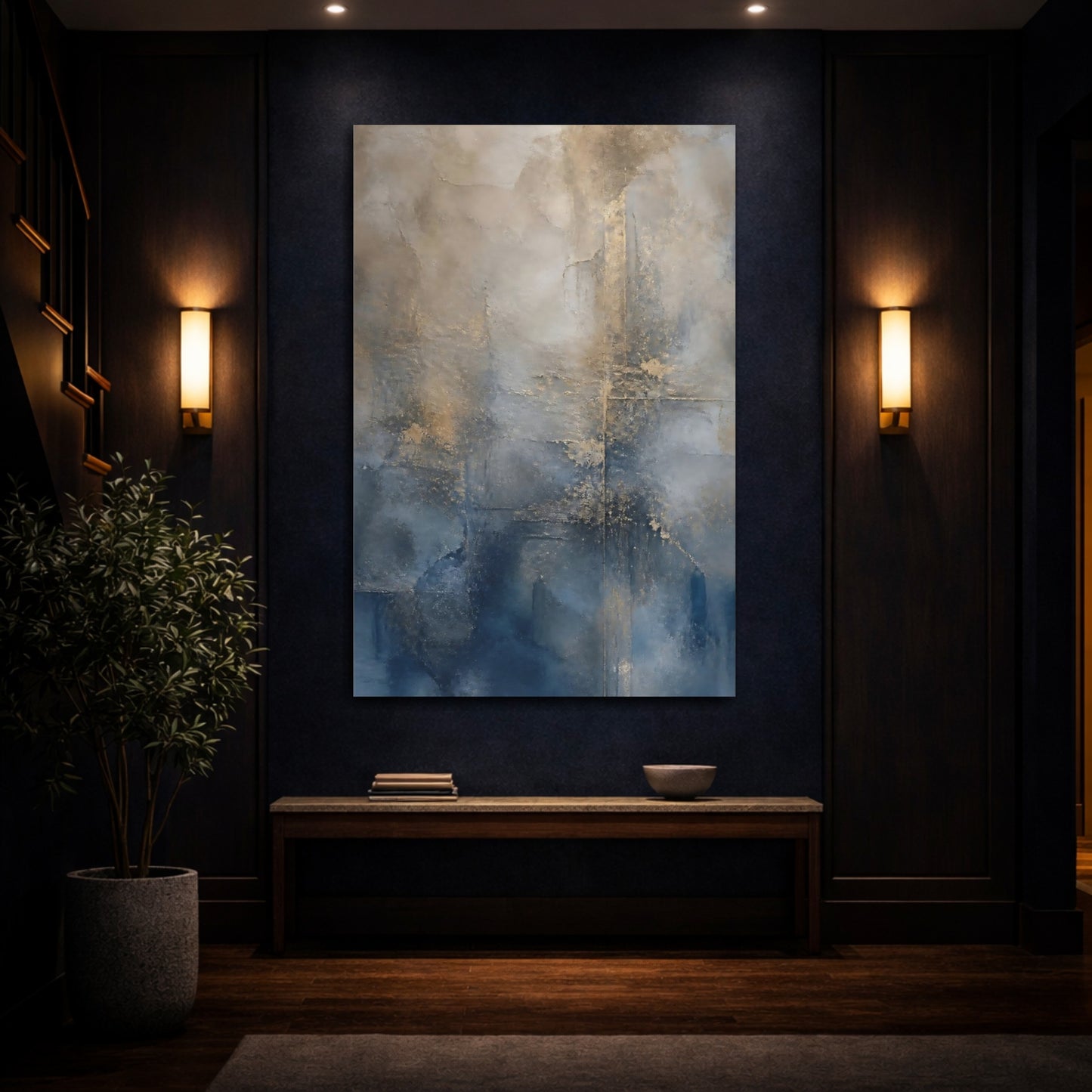 Mockup 4. Abstract Abstract Texture Blue And Gold shown as stretched canvas wall art