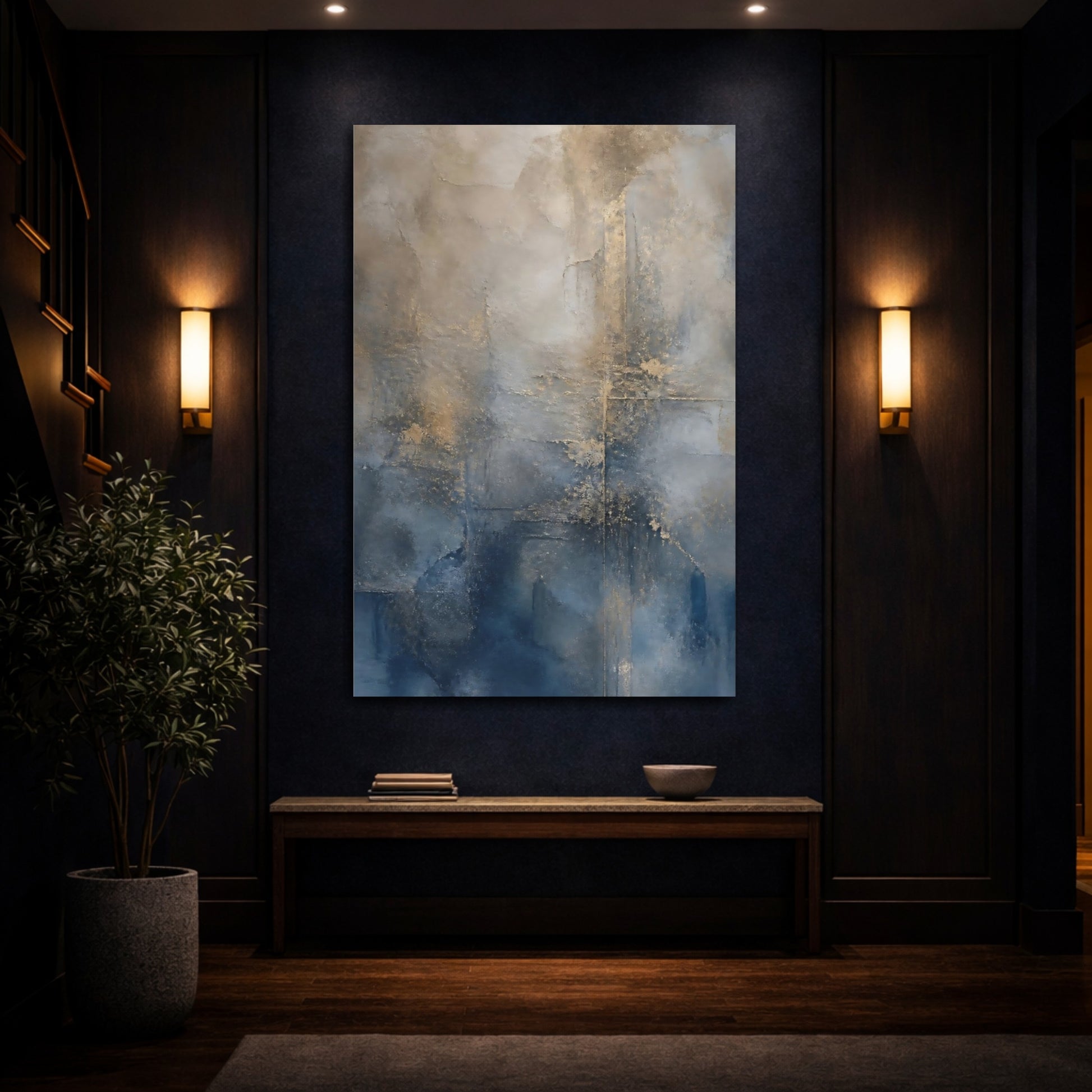 Mockup 4. Abstract Abstract Texture Blue And Gold shown as stretched canvas wall art