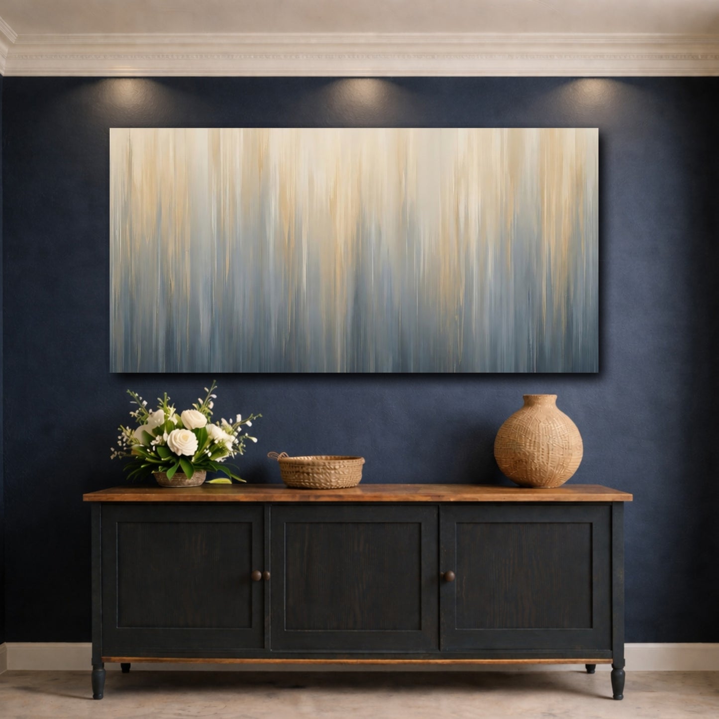 Mockup 4. Abstract Abstract Texture Blue And Gold shown as stretched canvas wall art