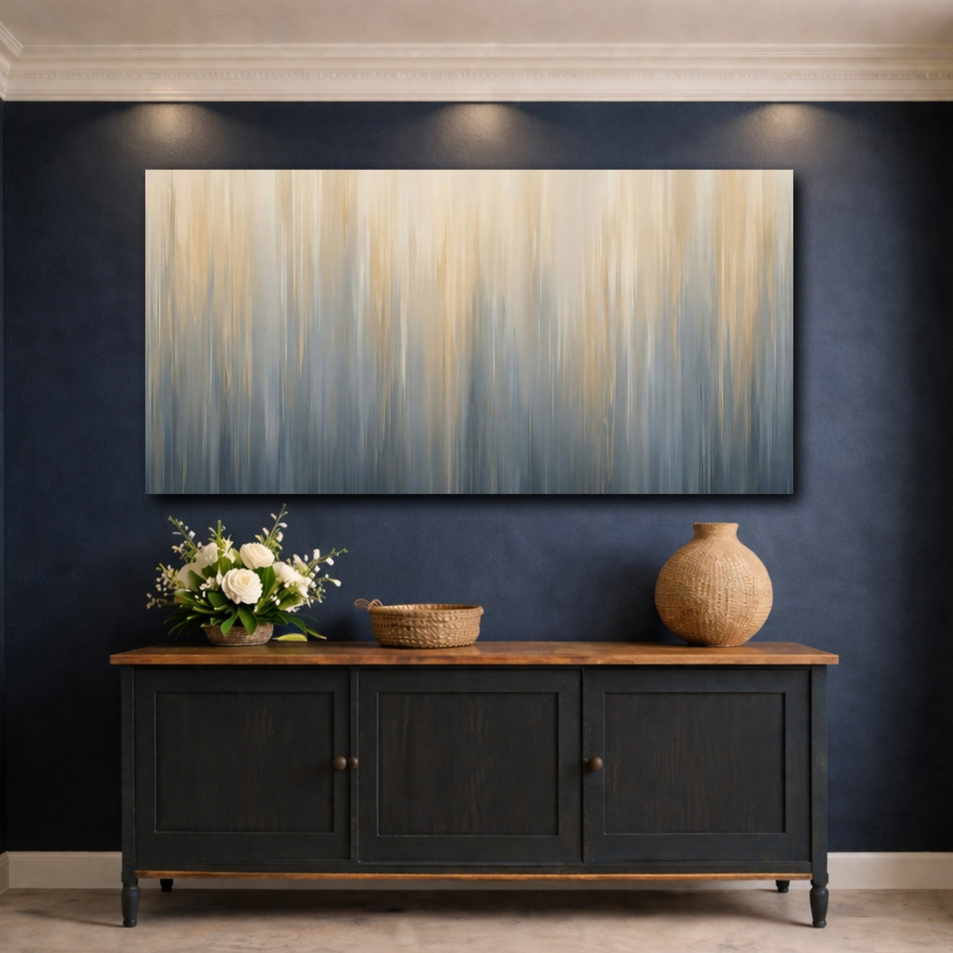 Mockup 4. Abstract Abstract Texture Blue And Gold shown as stretched canvas wall art