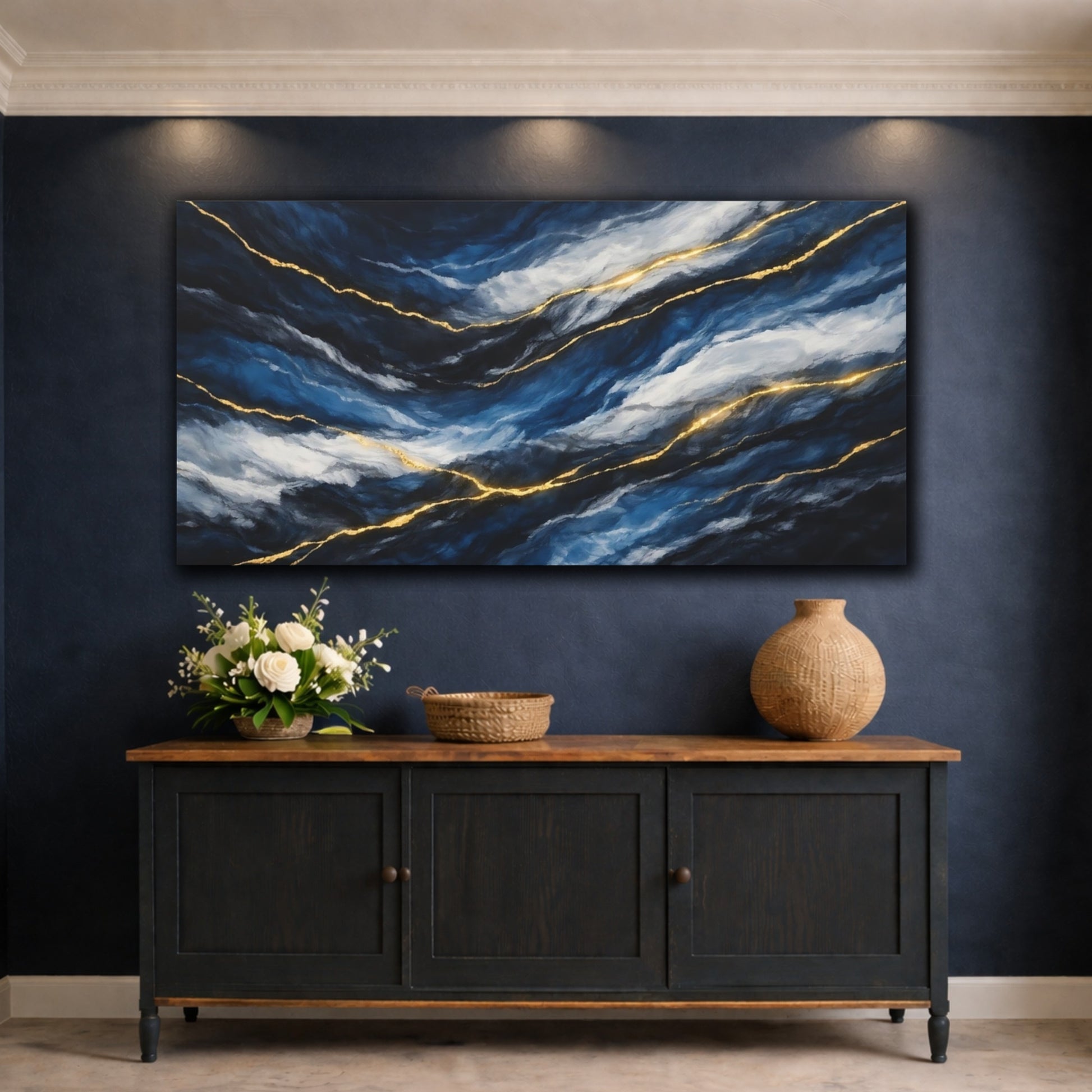 Mockup 4. Abstract Abstract Texture Blue And Gold shown as stretched canvas wall art
