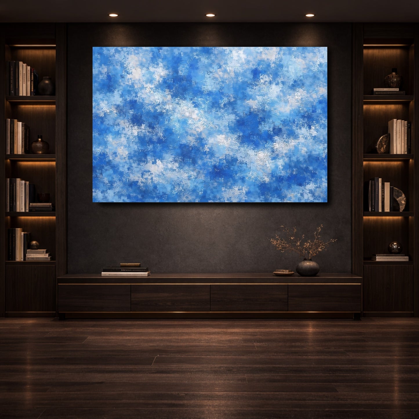 Mockup 3. Abstract Abstract Texture Blue And White shown as stretched canvas wall art