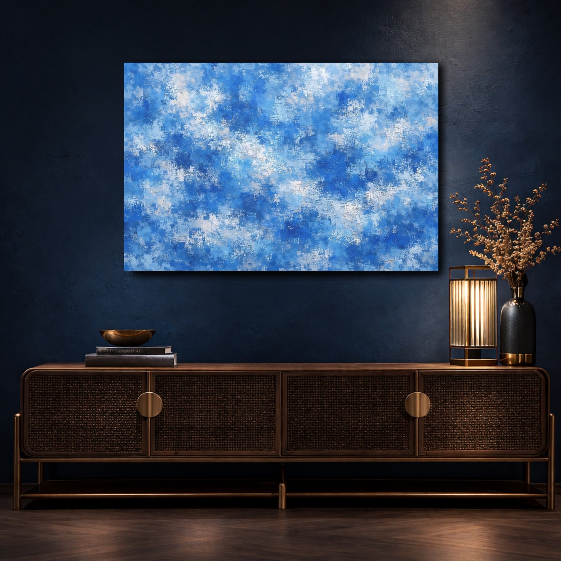 Mockup 4. Abstract Abstract Texture Blue And White shown as stretched canvas wall art