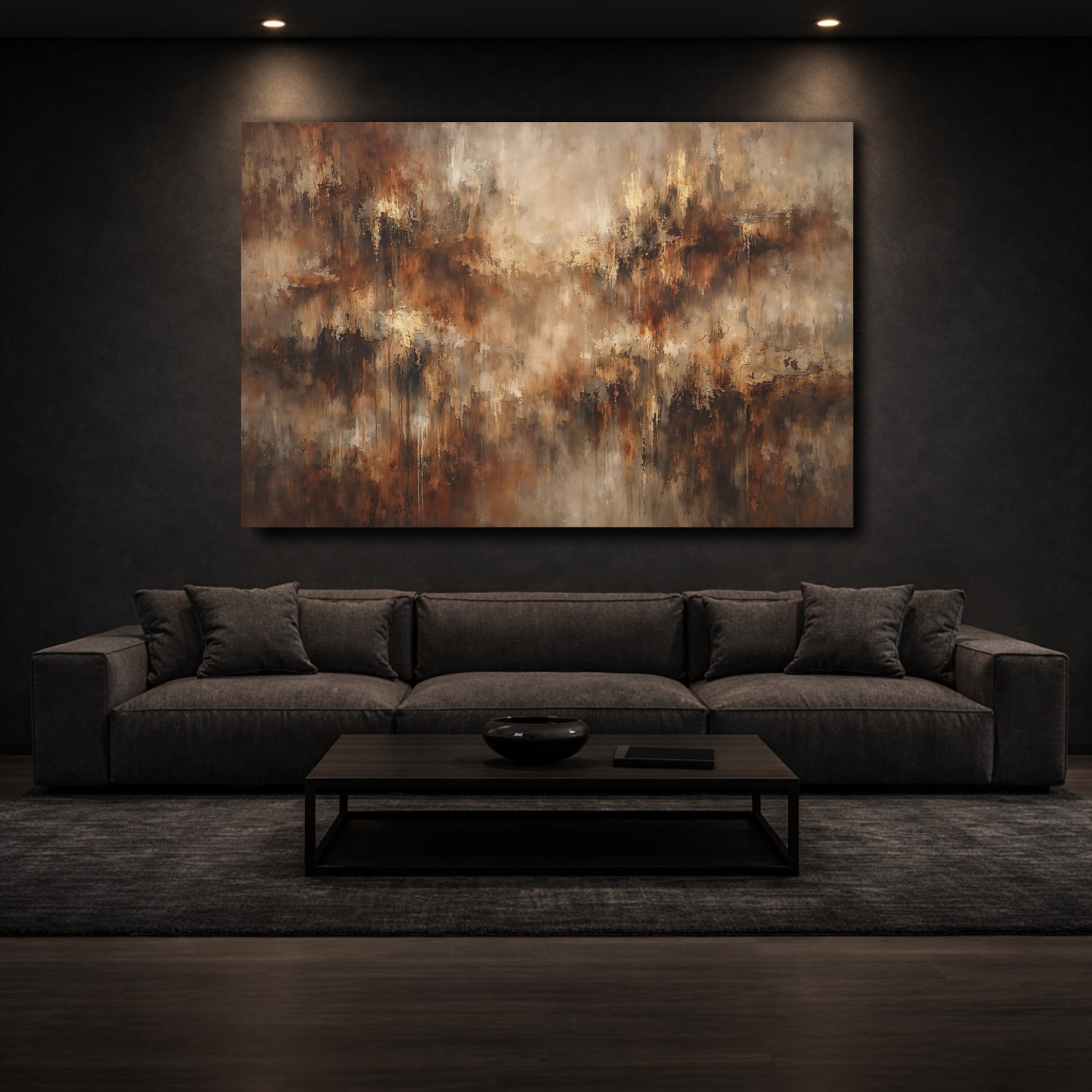 Mockup 2. Abstract Abstract Texture Brown And Gold shown as stretched canvas wall art