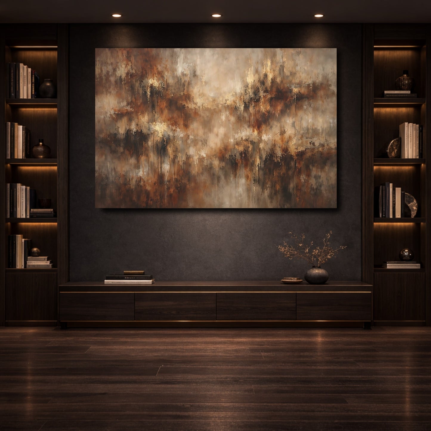 Mockup 3. Abstract Abstract Texture Brown And Gold shown as stretched canvas wall art