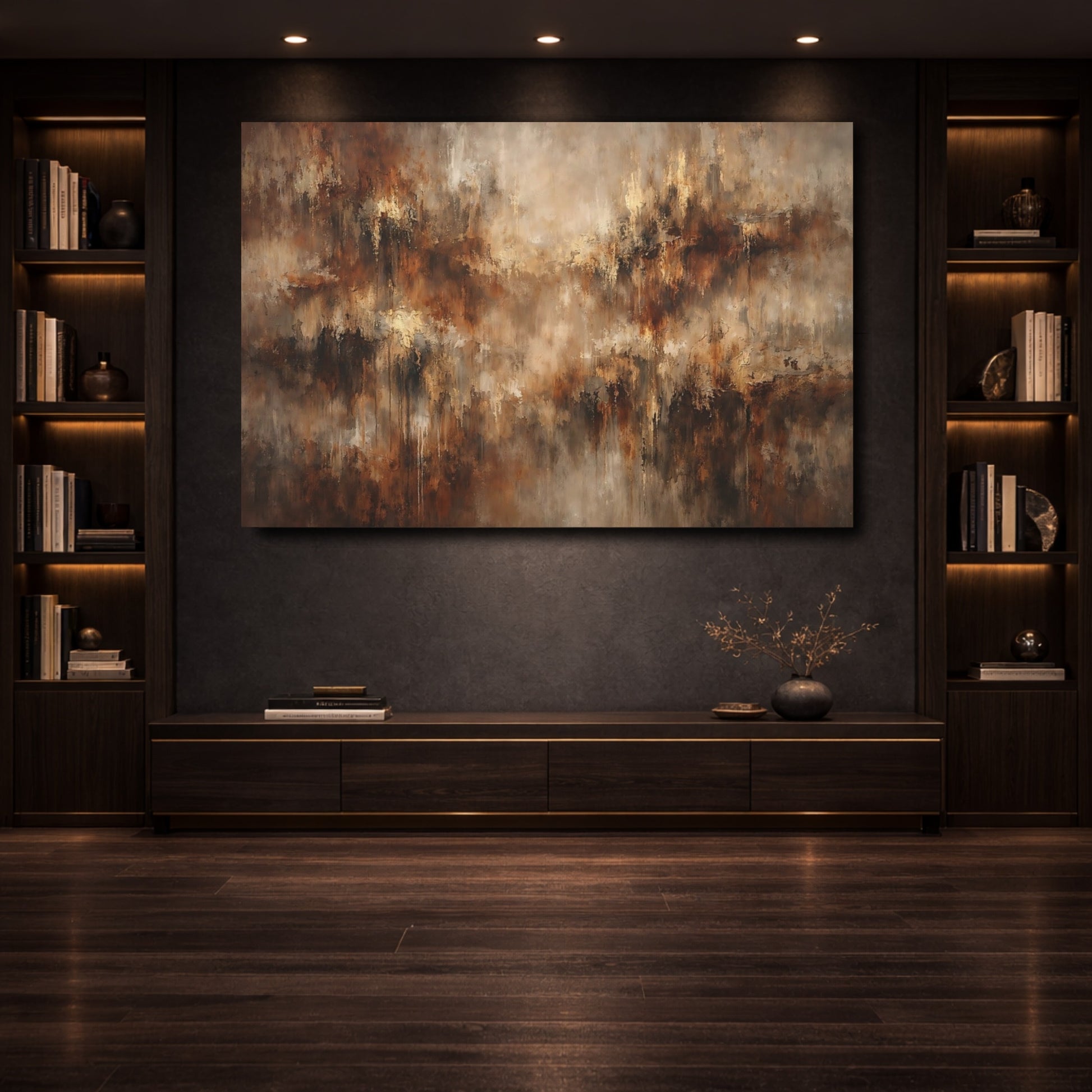 Mockup 3. Abstract Abstract Texture Brown And Gold shown as stretched canvas wall art