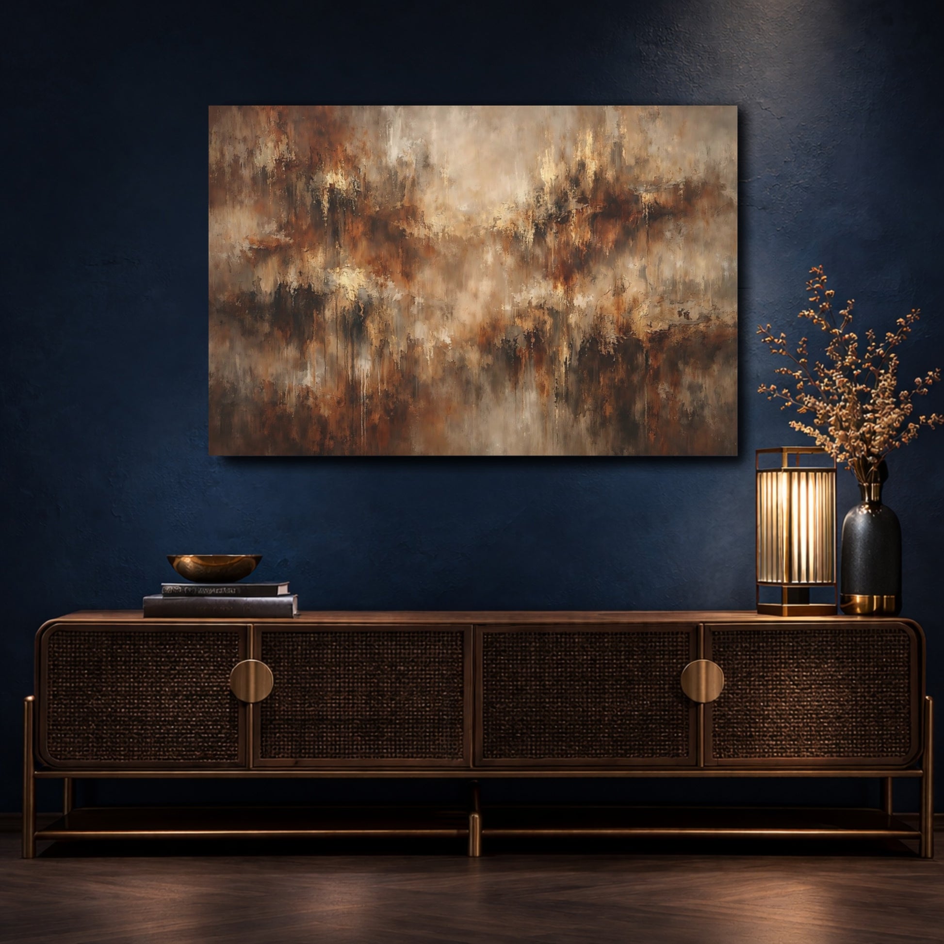 Mockup 4. Abstract Abstract Texture Brown And Gold shown as stretched canvas wall art