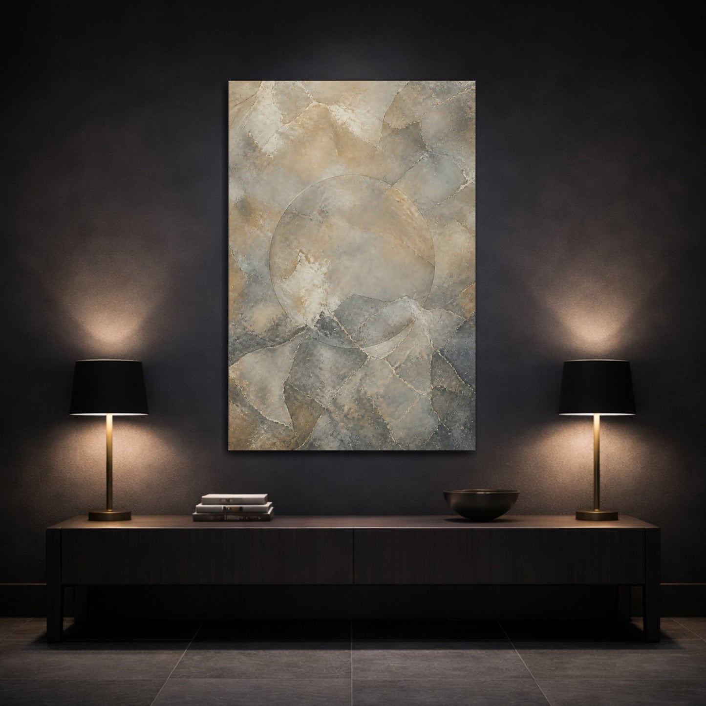 Mockup 3. Abstract Abstract Texture Brown And Grey shown as stretched canvas wall art