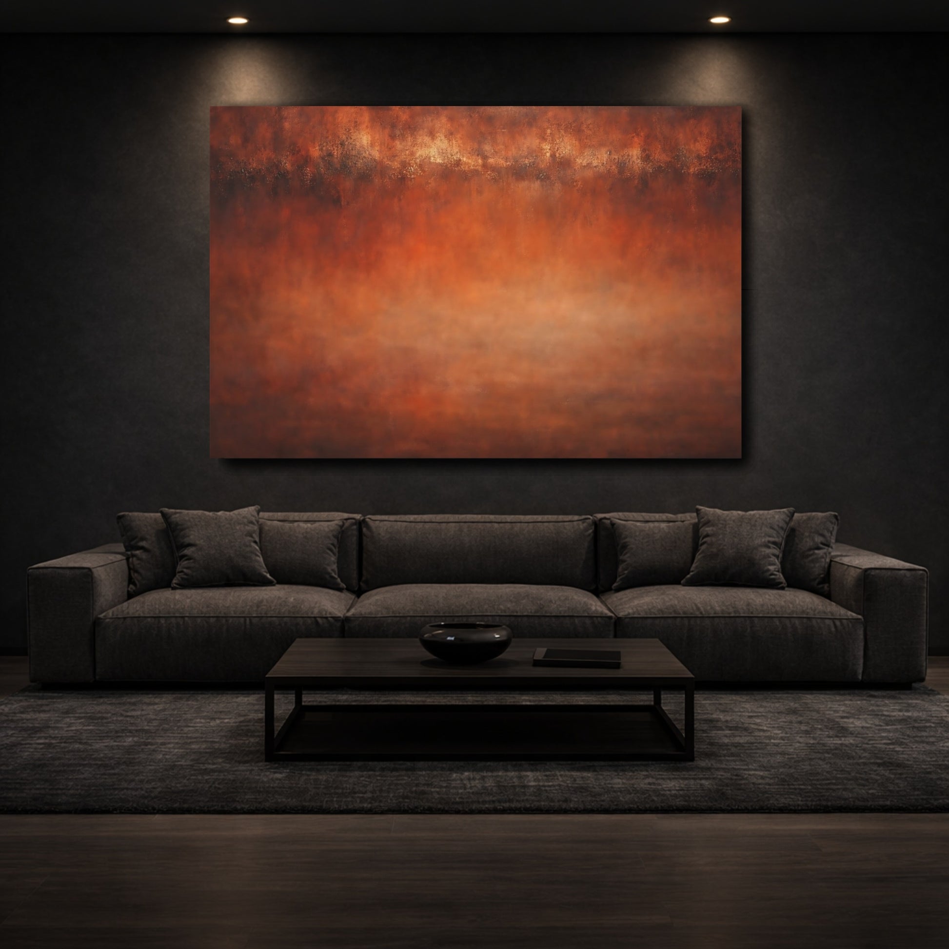 Mockup 2. Abstract Abstract Texture Burnt Orange Abstract shown as stretched canvas wall art