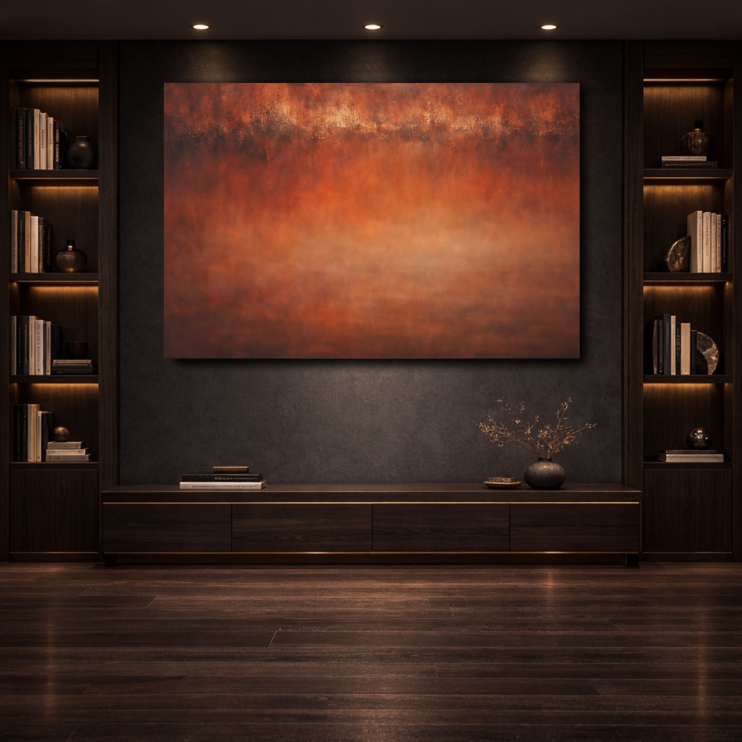 Mockup 3. Abstract Abstract Texture Burnt Orange Abstract shown as stretched canvas wall art