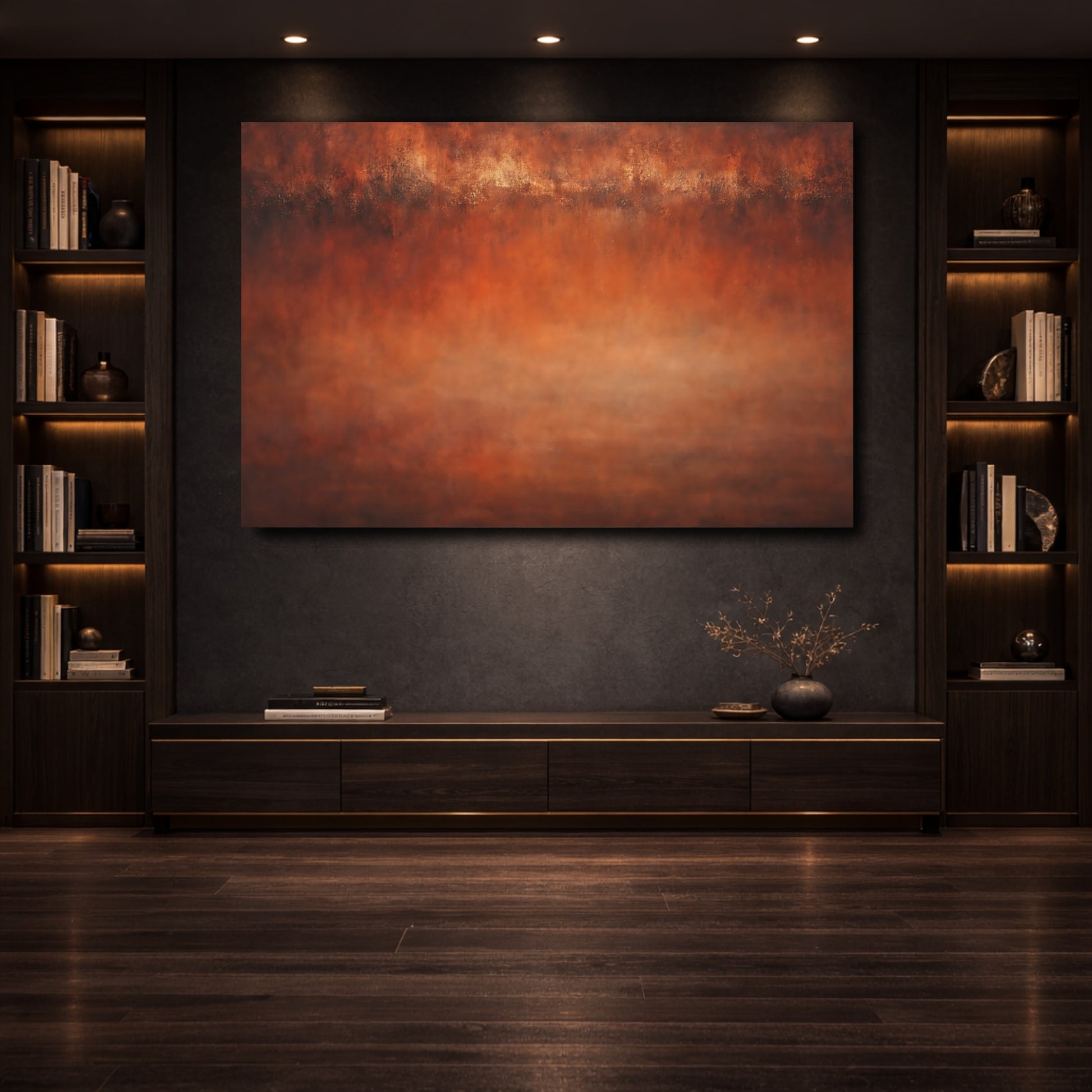 Mockup 3. Abstract Abstract Texture Burnt Orange Abstract shown as stretched canvas wall art