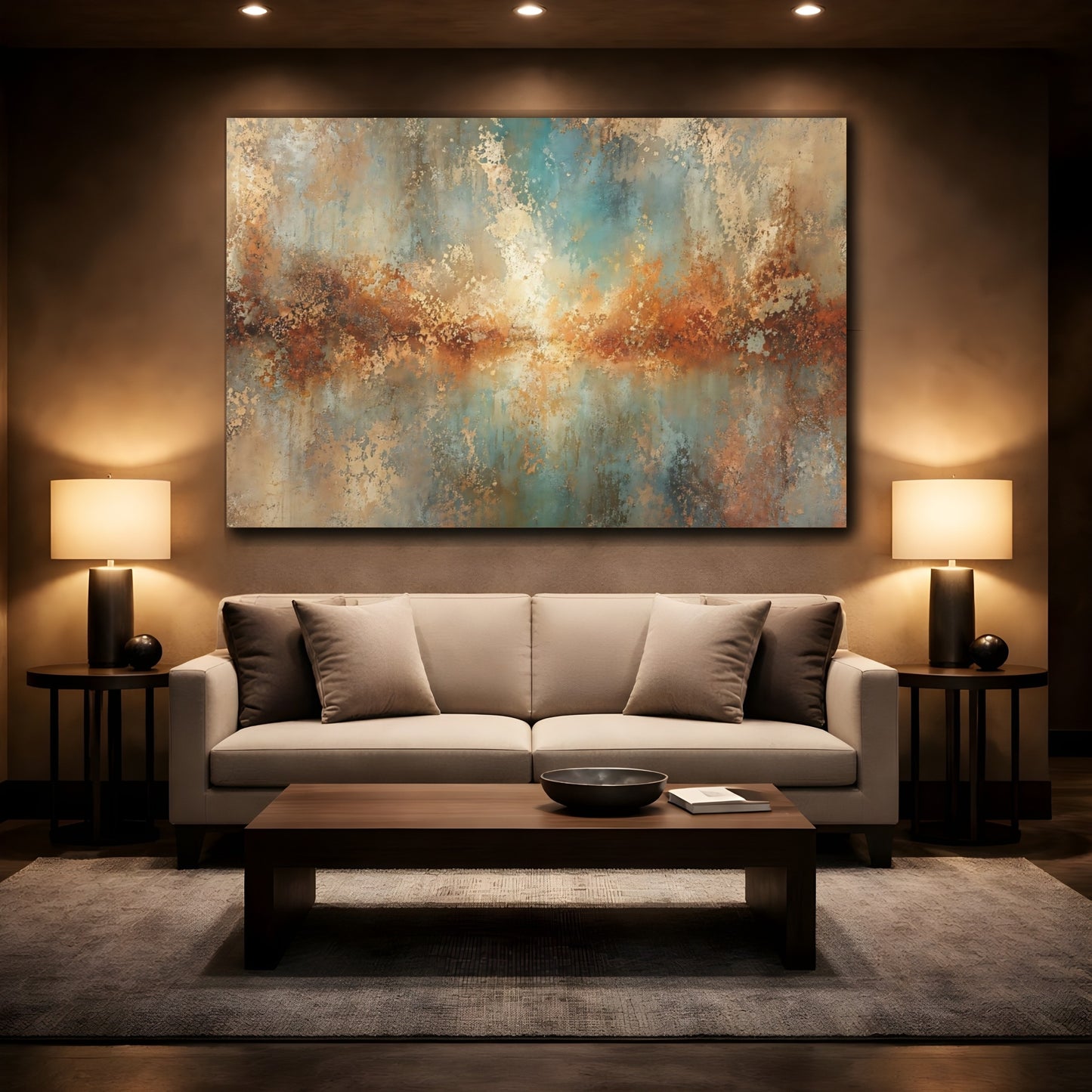 Mockup 2. Abstract Abstract Texture Copper Teal Patina shown as stretched canvas wall art