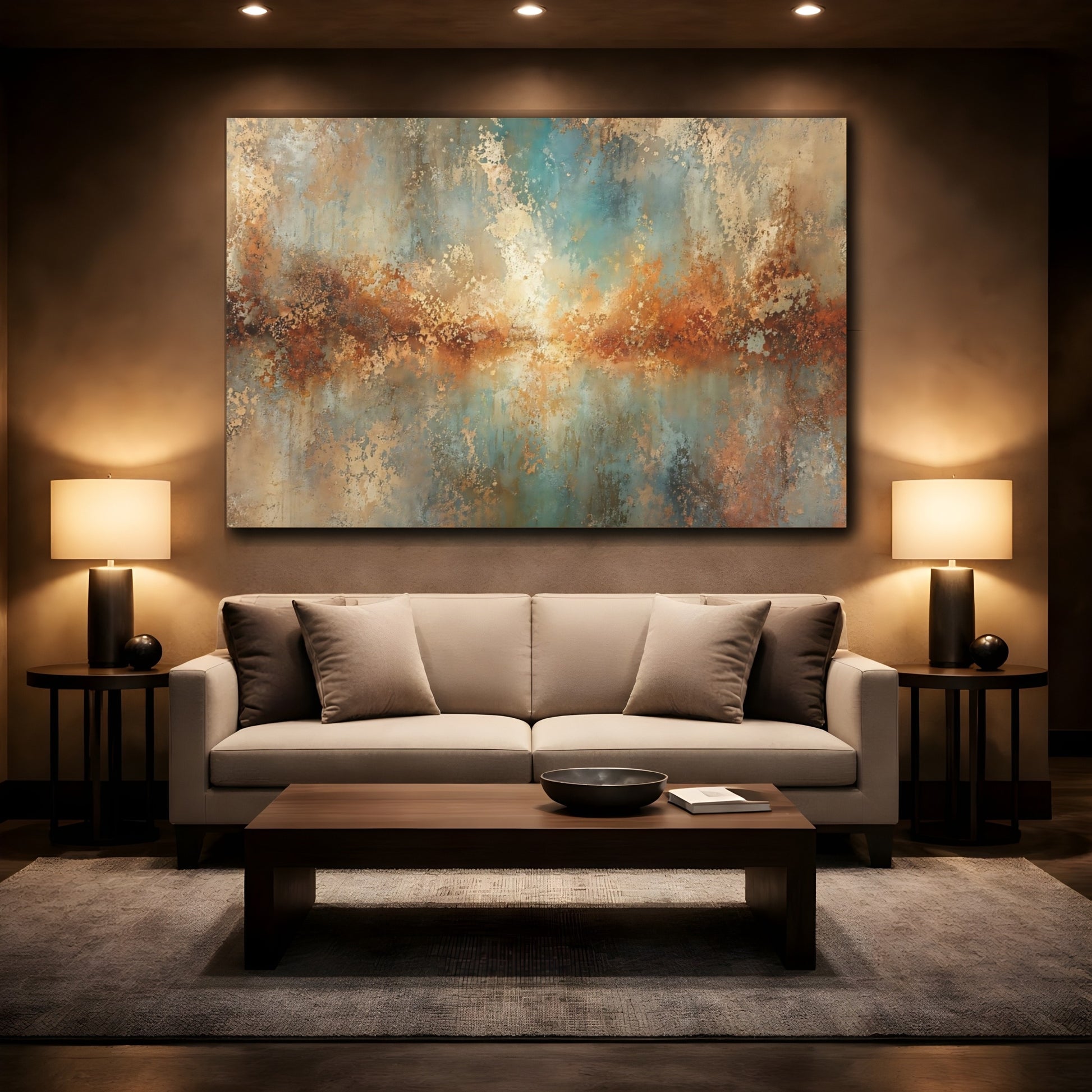 Mockup 2. Abstract Abstract Texture Copper Teal Patina shown as stretched canvas wall art