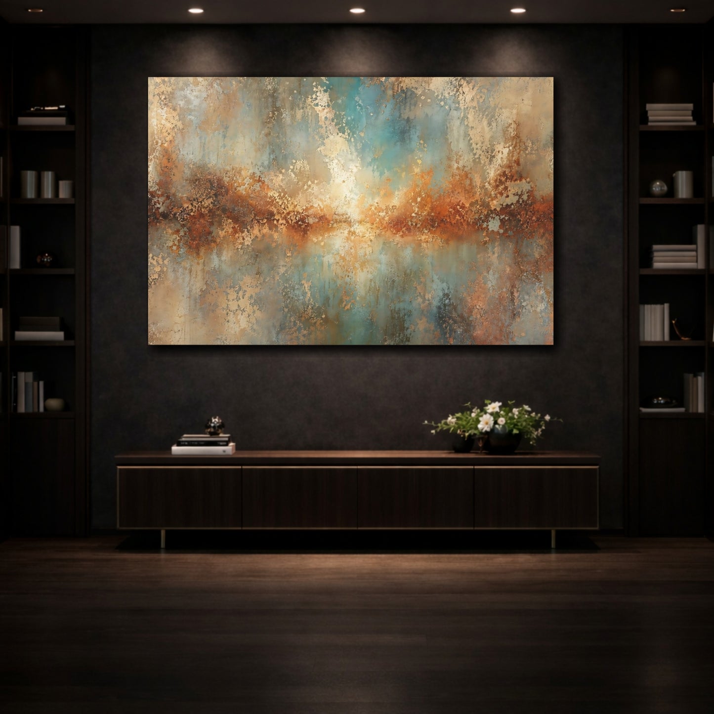 Mockup 3. Abstract Abstract Texture Copper Teal Patina shown as stretched canvas wall art