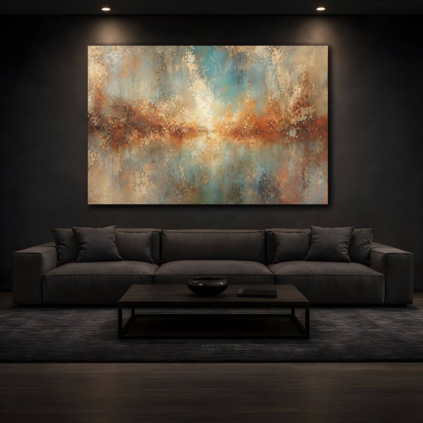 Mockup 4. Abstract Abstract Texture Copper Teal Patina shown as stretched canvas wall art