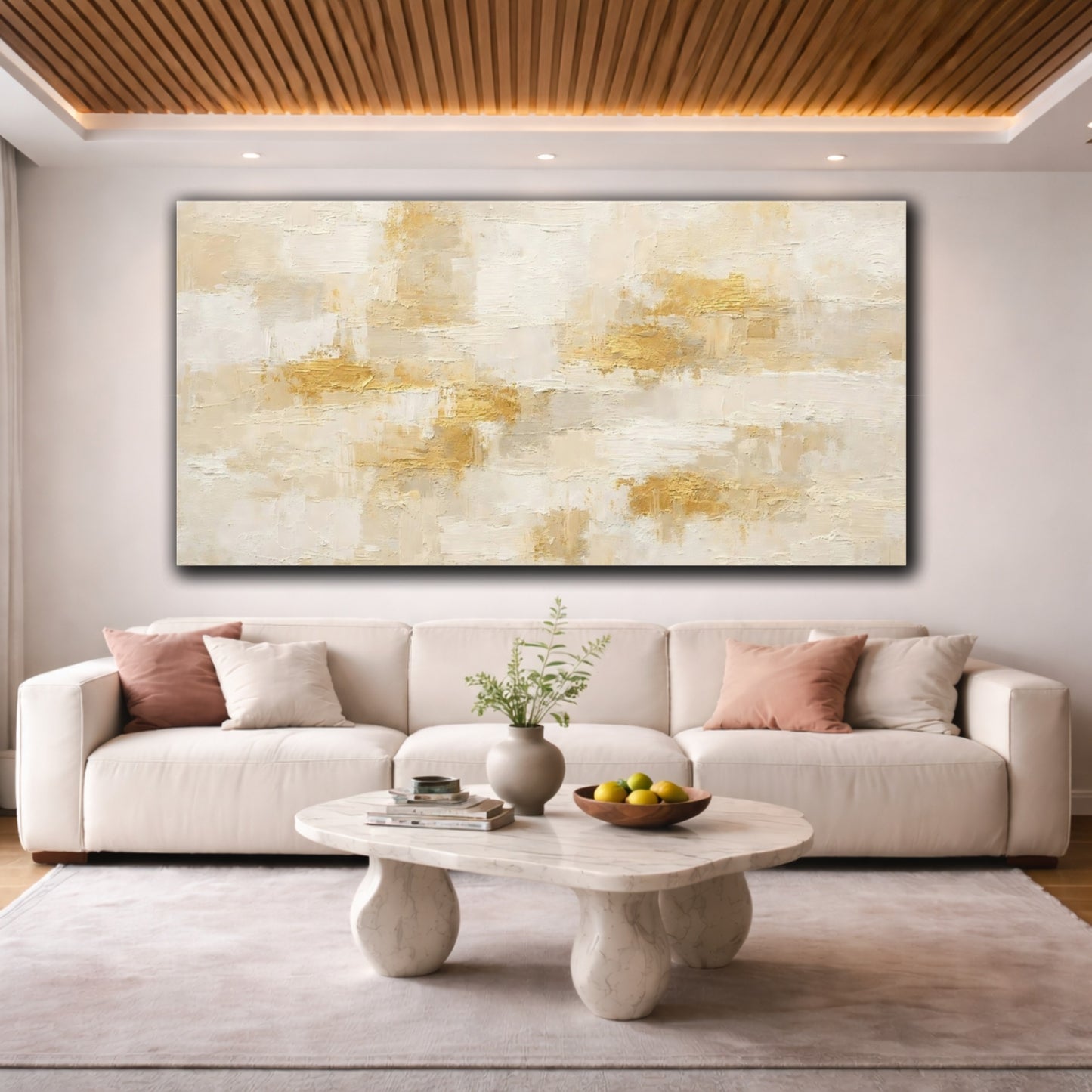 Mockup 3. Abstract Abstract Texture Cream Gold Abstract shown as stretched canvas wall art