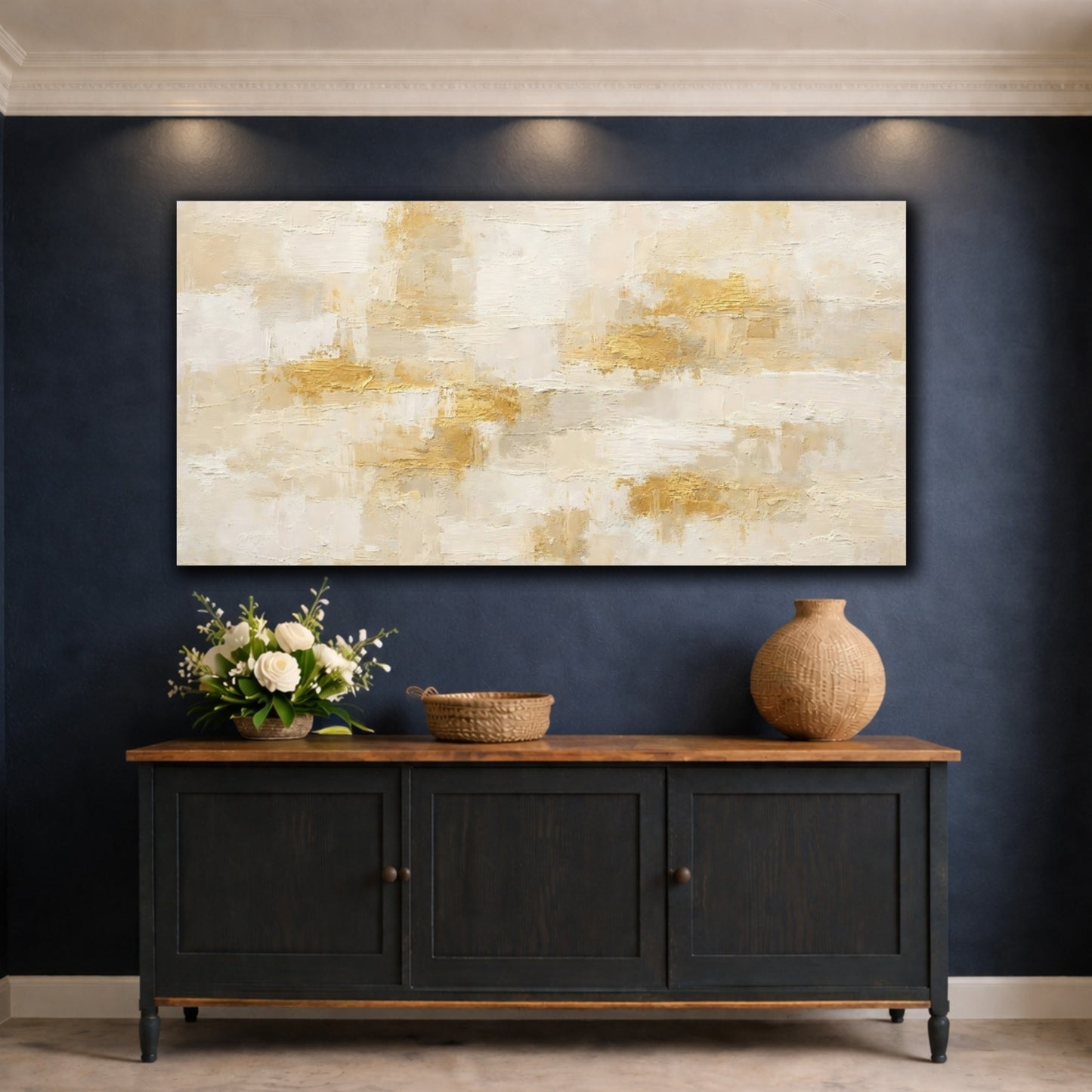 Mockup 4. Abstract Abstract Texture Cream Gold Abstract shown as stretched canvas wall art